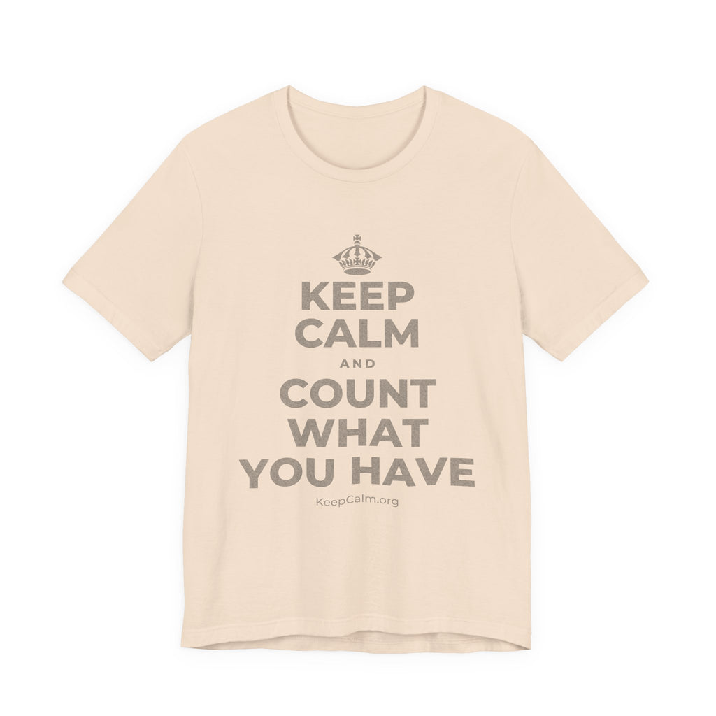 KEEP CALM AND COUNT WHAT YOU HAVE T-Shirt (Soft Cream–Heather Mauve)