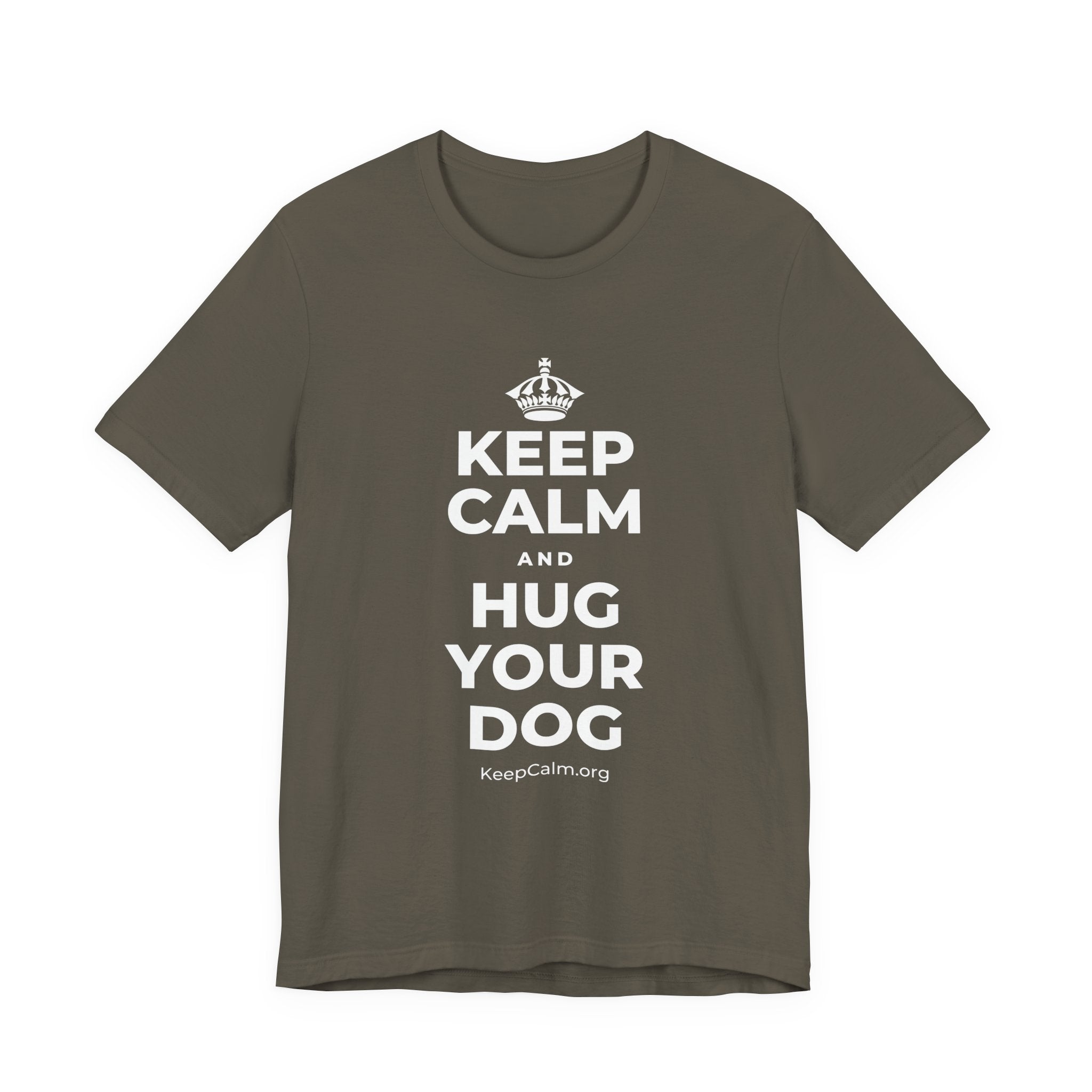 KEEP CALM AND HUG YOUR DOG T-Shirt (White–Asphalt)