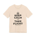 KEEP CALM AND TAKE FLIGHT T-Shirt (Soft Cream–Heather Mauve)