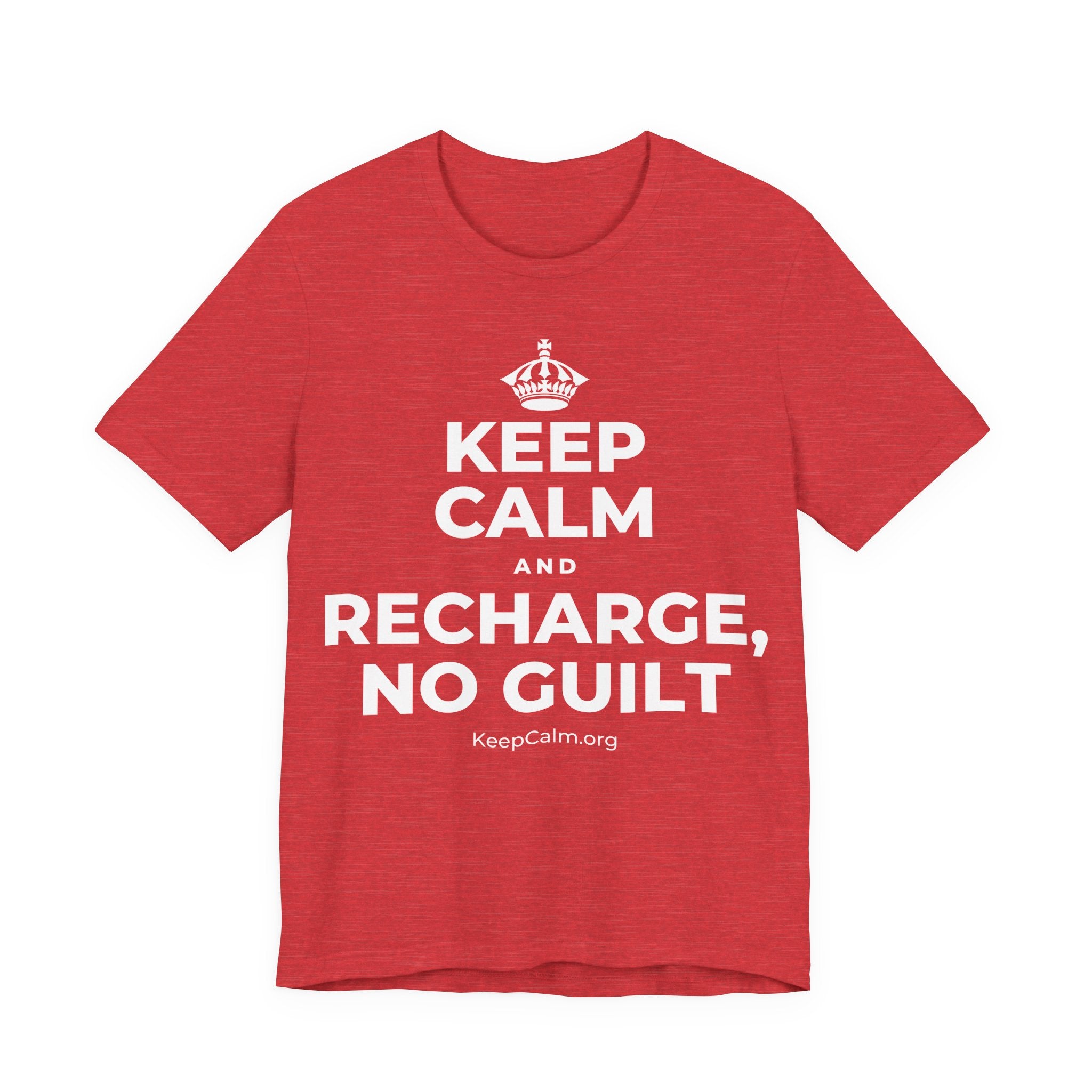 KEEP CALM AND RECHARGE, NO GUILT T-Shirt (Baby Blue–Silver)