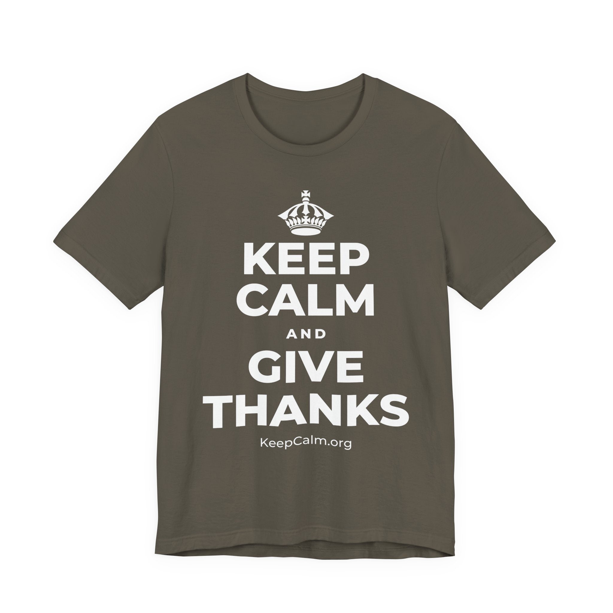 KEEP CALM AND GIVE THANKS T-Shirt (White–Asphalt)