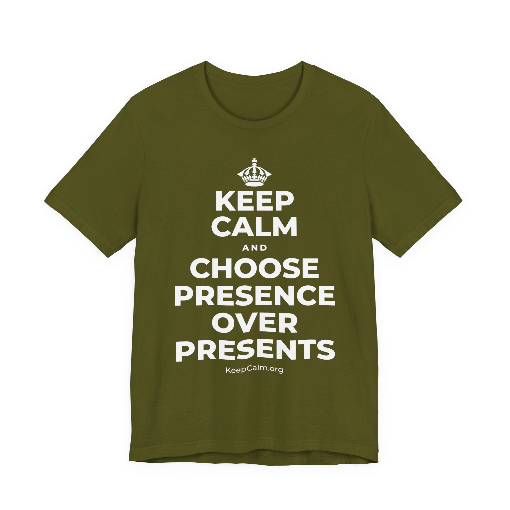 KEEP CALM AND CHOOSE PRESENCE OVER PRESENTS T-Shirt (Baby Blue–Silver)
