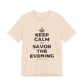 KEEP CALM AND SAVOR THE EVENING T-Shirt (Soft Cream–Heather Mauve)