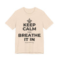 KEEP CALM AND BREATHE IT IN T-Shirt (Soft Cream–Heather Mauve)