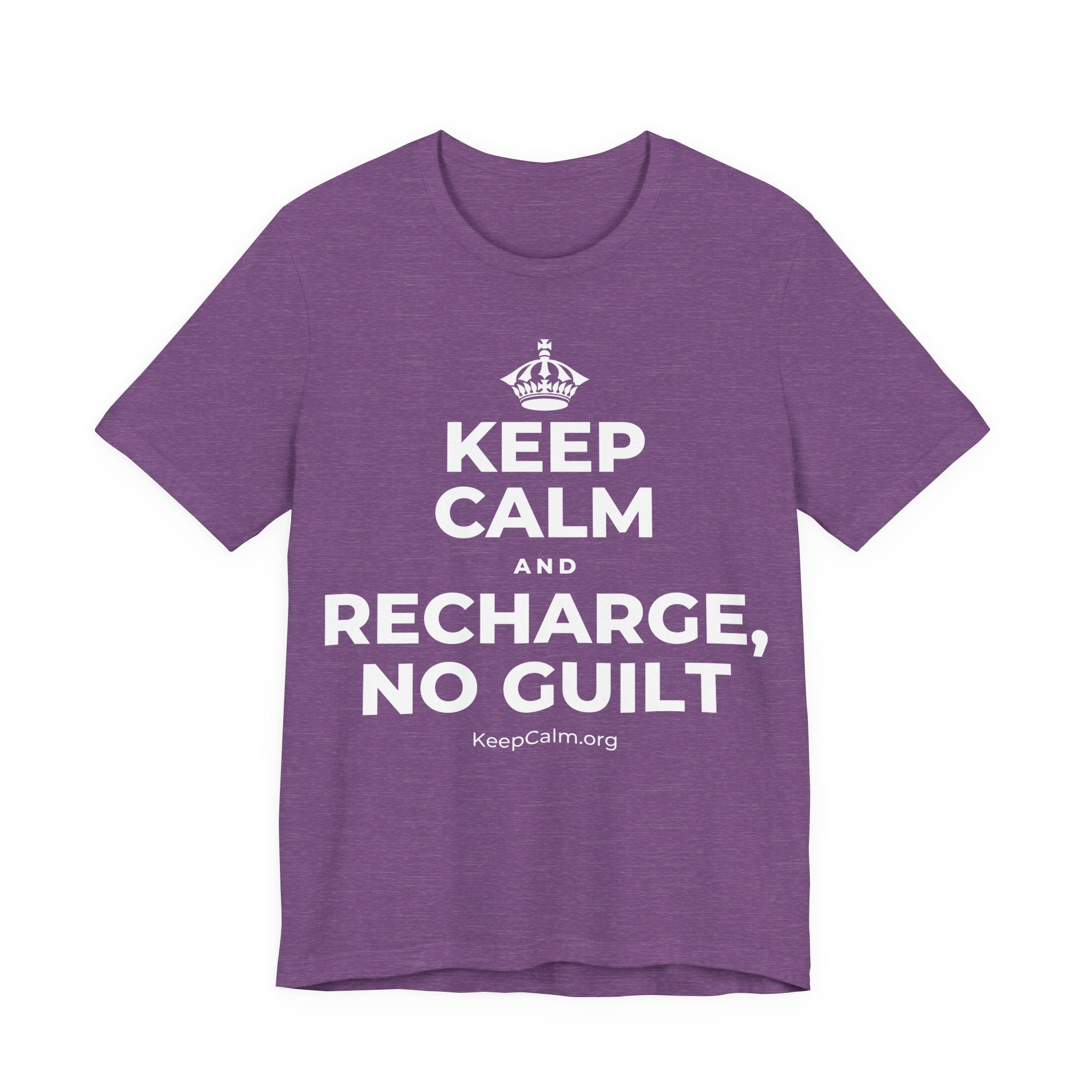 KEEP CALM AND RECHARGE, NO GUILT T-Shirt (Baby Blue–Silver)