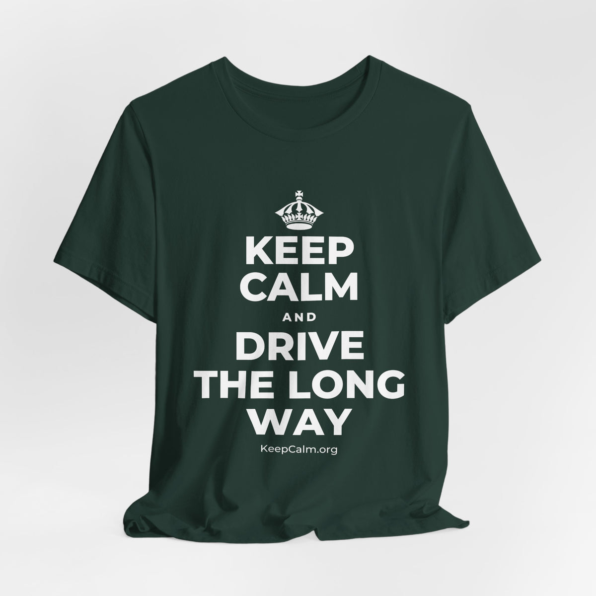 KEEP CALM AND DRIVE THE LONG WAY T-Shirt (White–Asphalt)
