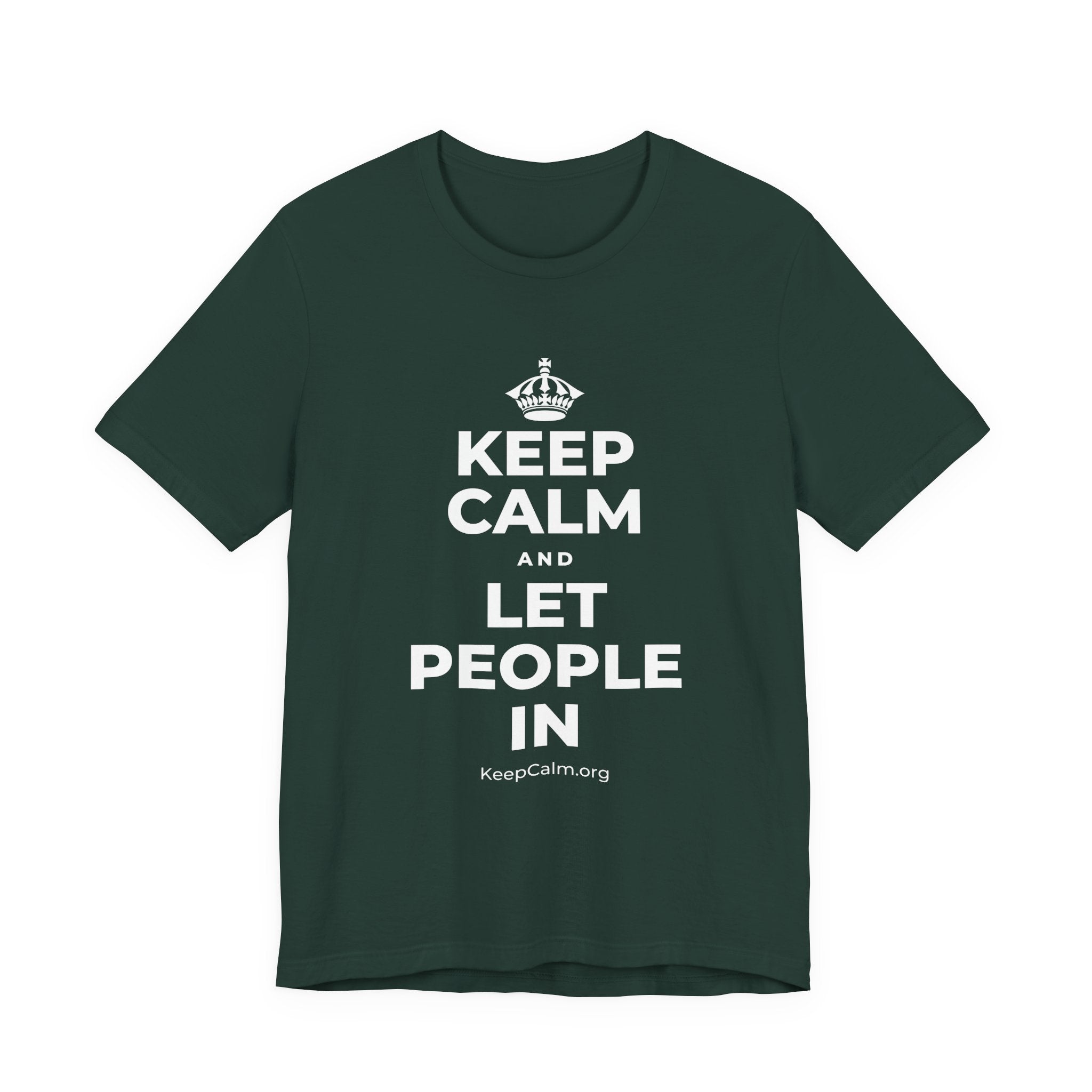 KEEP CALM AND LET PEOPLE IN T-Shirt (White–Asphalt)