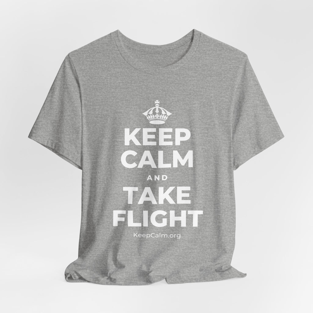 KEEP CALM AND TAKE FLIGHT T-Shirt (White–Asphalt)