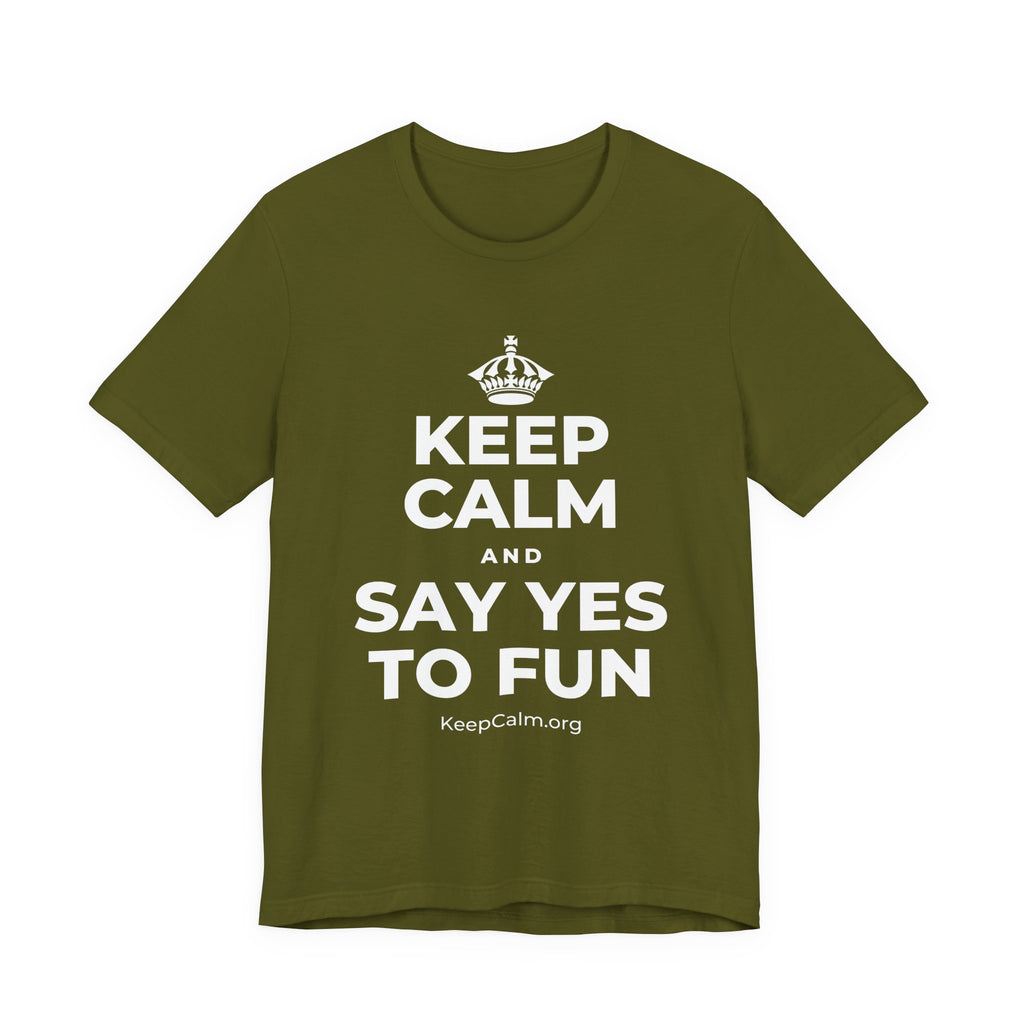 KEEP CALM AND SAY YES TO FUN T-Shirt (Baby Blue–Silver)