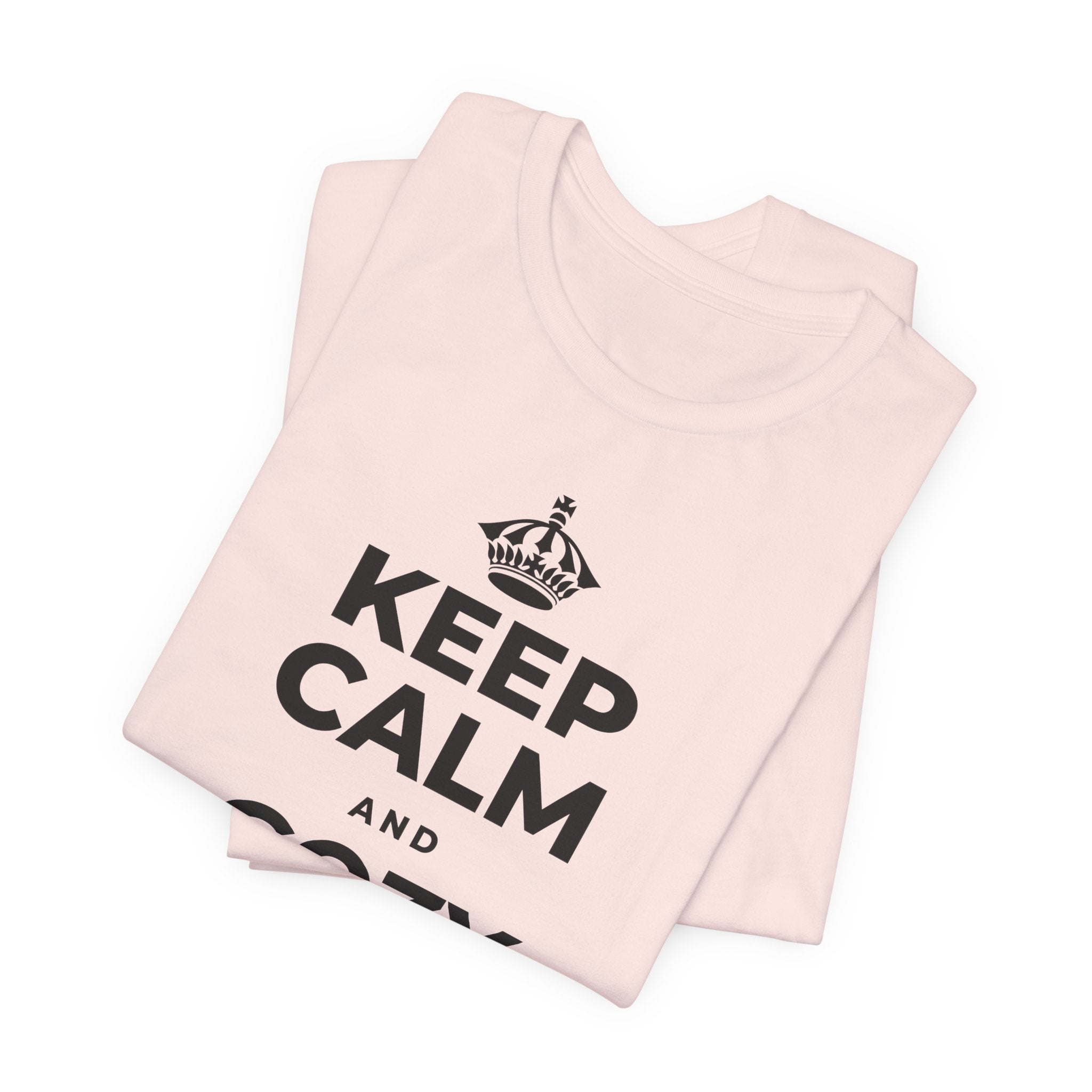 KEEP CALM AND COZY UP INSIDE T-Shirt (Soft Cream–Heather Mauve)