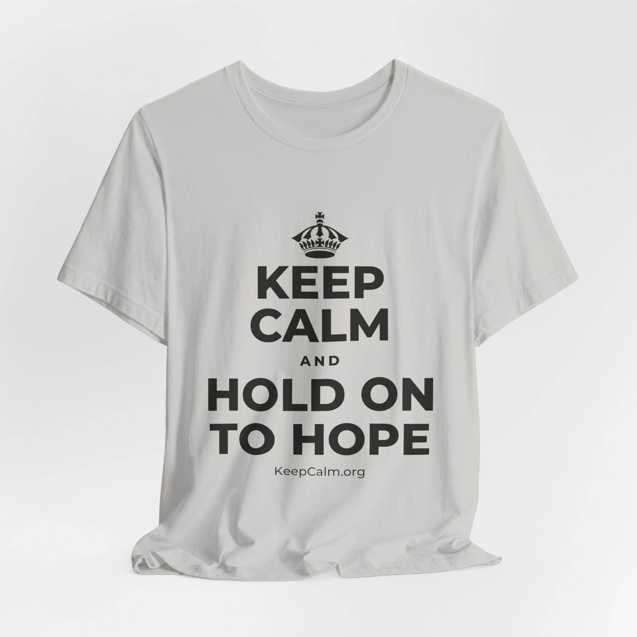 KEEP CALM AND HOLD ON TO HOPE T-Shirt (Baby Blue–Silver)