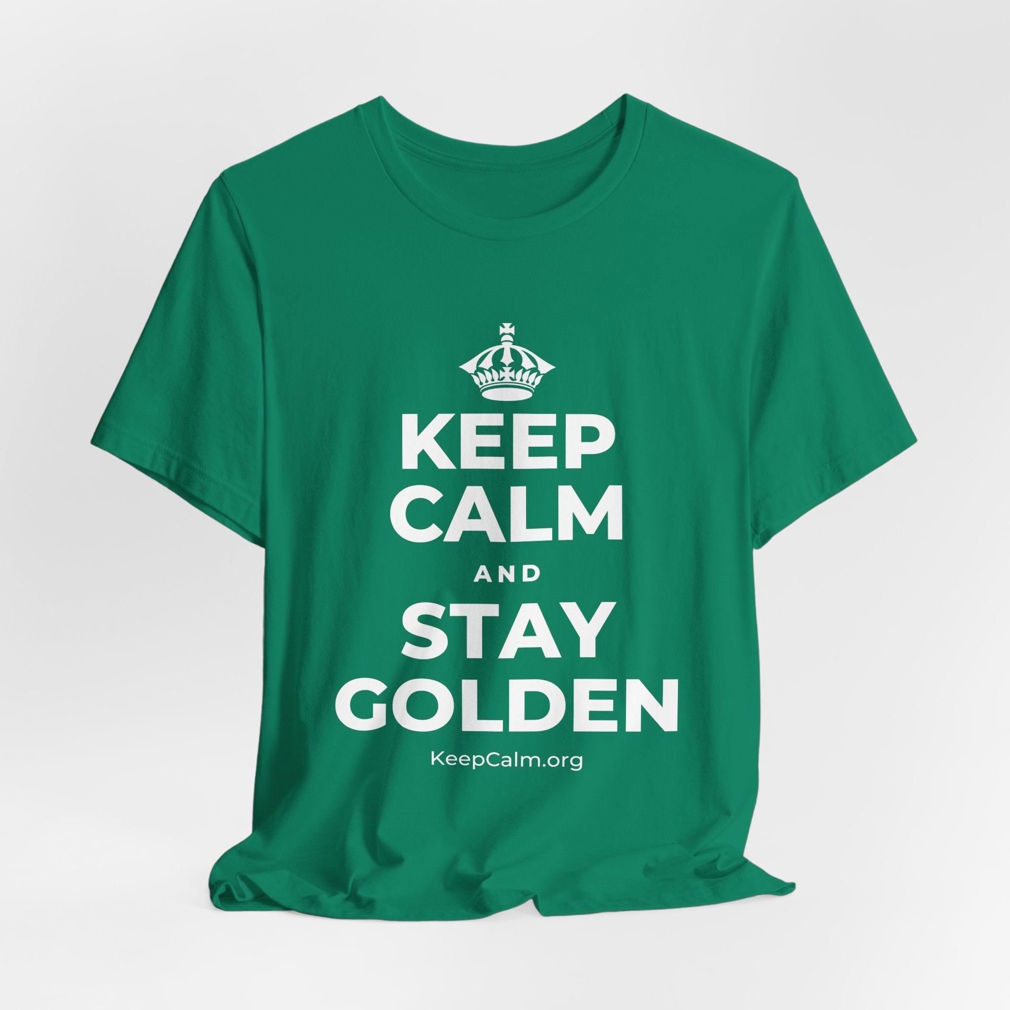 KEEP CALM AND STAY GOLDEN T-Shirt (White–Asphalt)