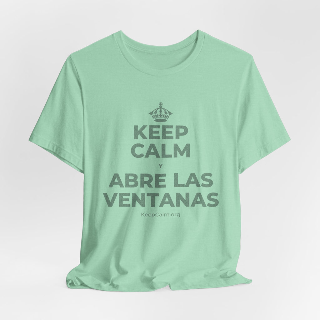 KEEP CALM Y ABRE LAS VENTANAS T-Shirt (Baby Blue–Silver)