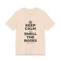 KEEP CALM AND SMELL THE ROSES T-Shirt (Soft Cream–Heather Mauve)