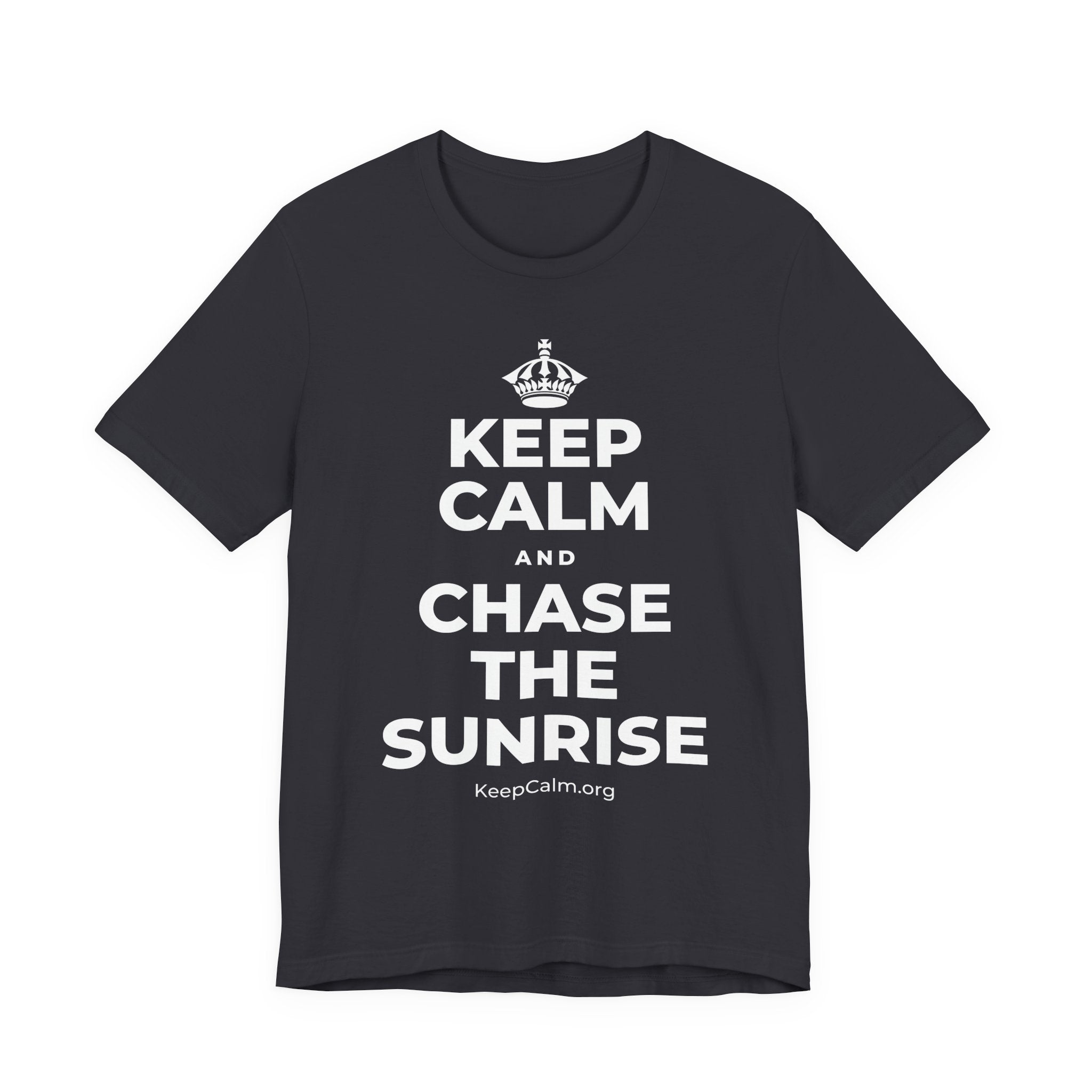 KEEP CALM AND CHASE THE SUNRISE T-Shirt (Baby Blue–Silver)