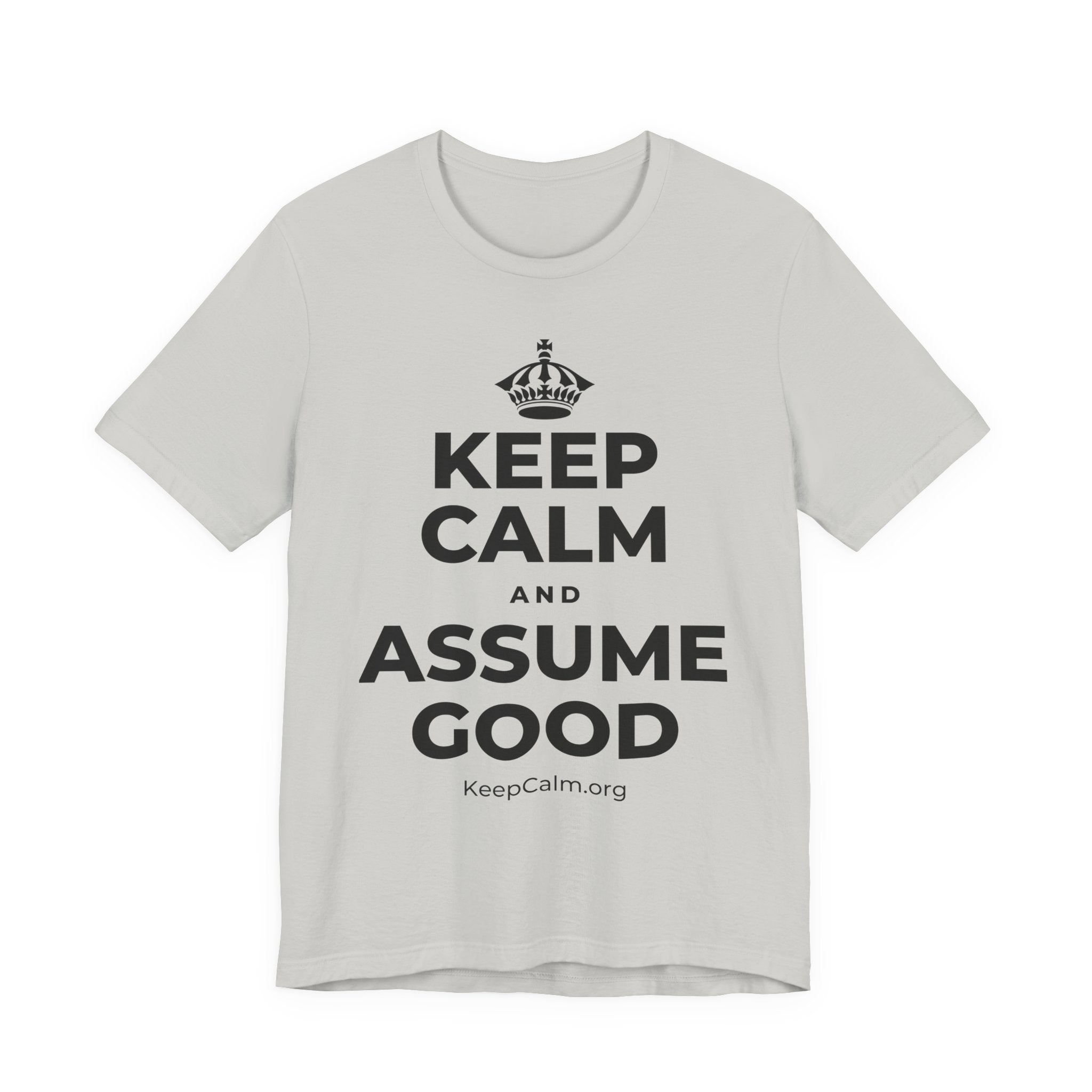 KEEP CALM AND ASSUME GOOD T-Shirt (Baby Blue–Silver)