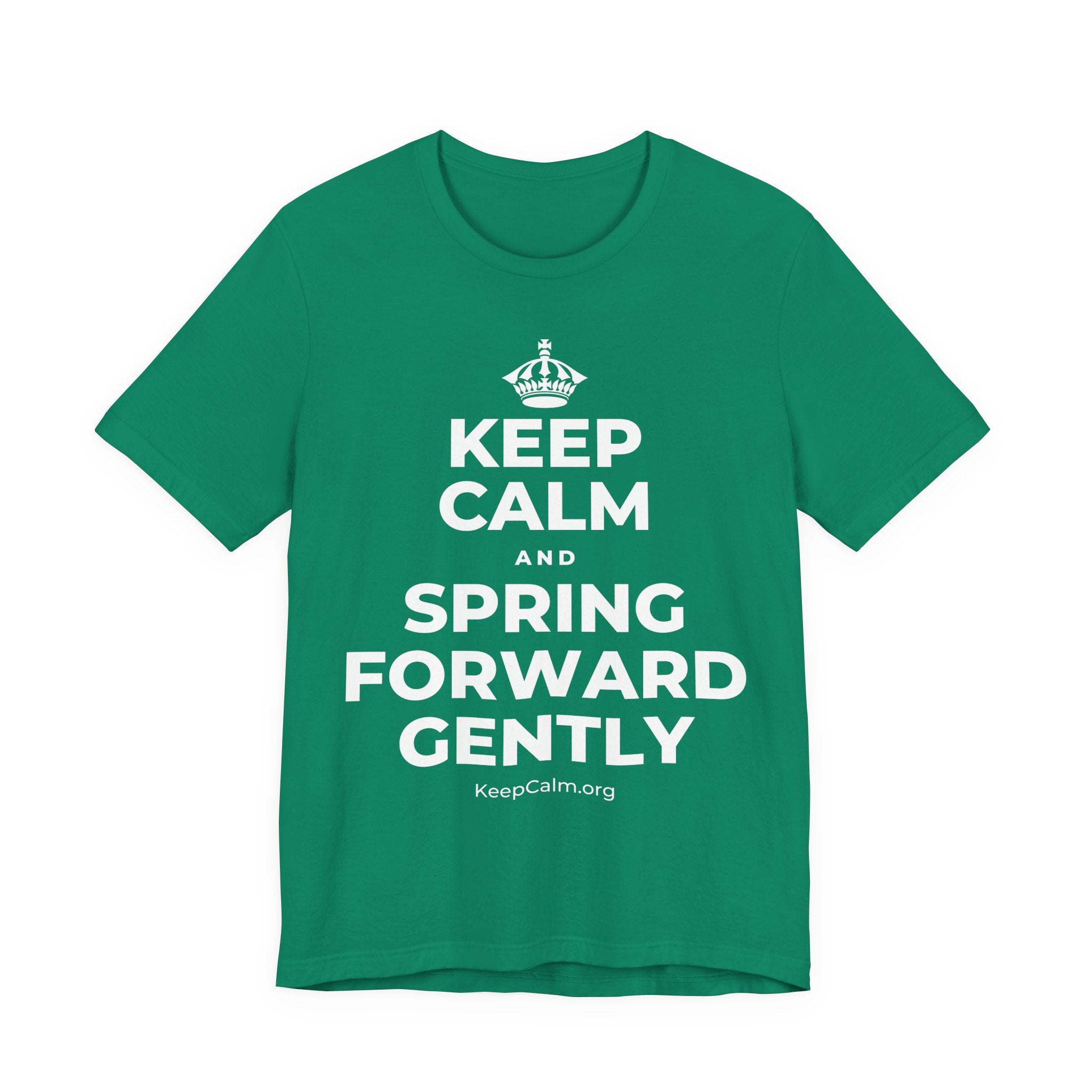 KEEP CALM AND SPRING FORWARD GENTLY T-Shirt (White–Asphalt)