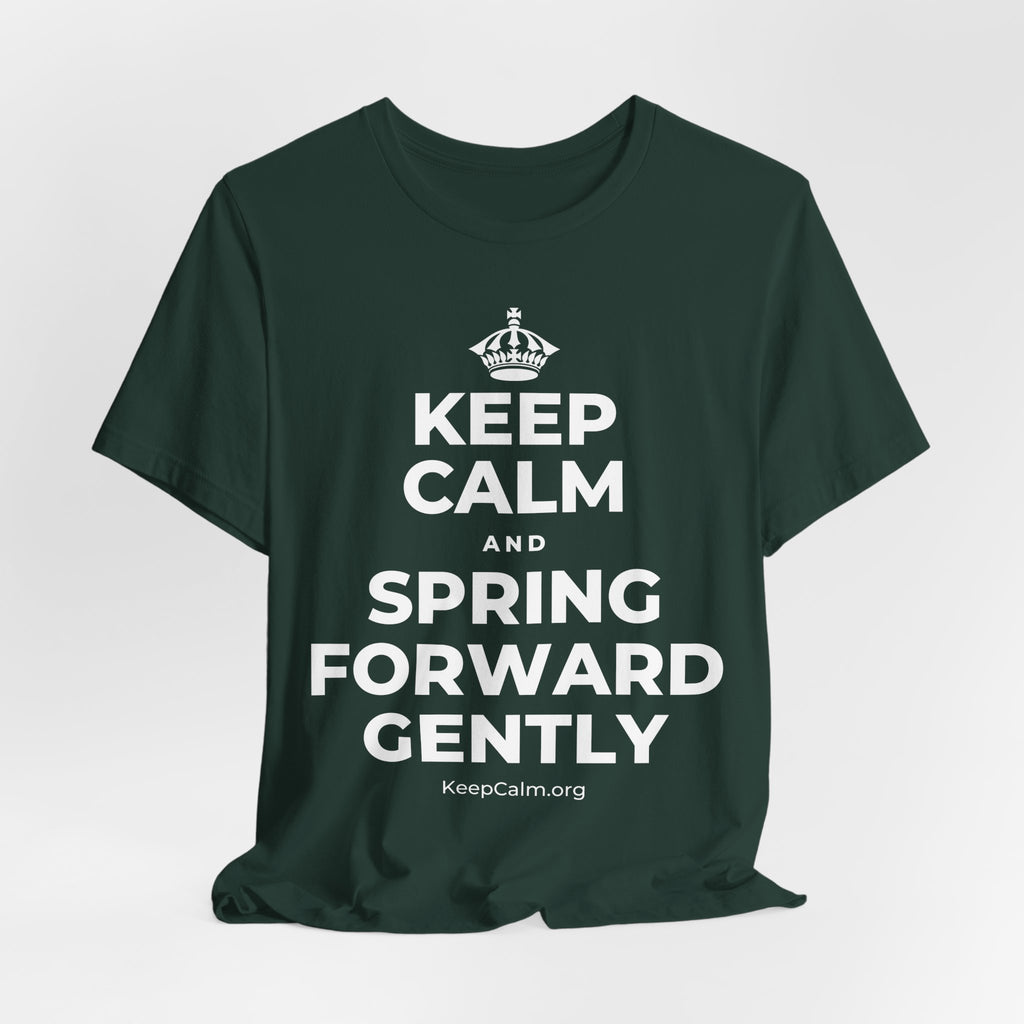 KEEP CALM AND SPRING FORWARD GENTLY T-Shirt (White–Asphalt)
