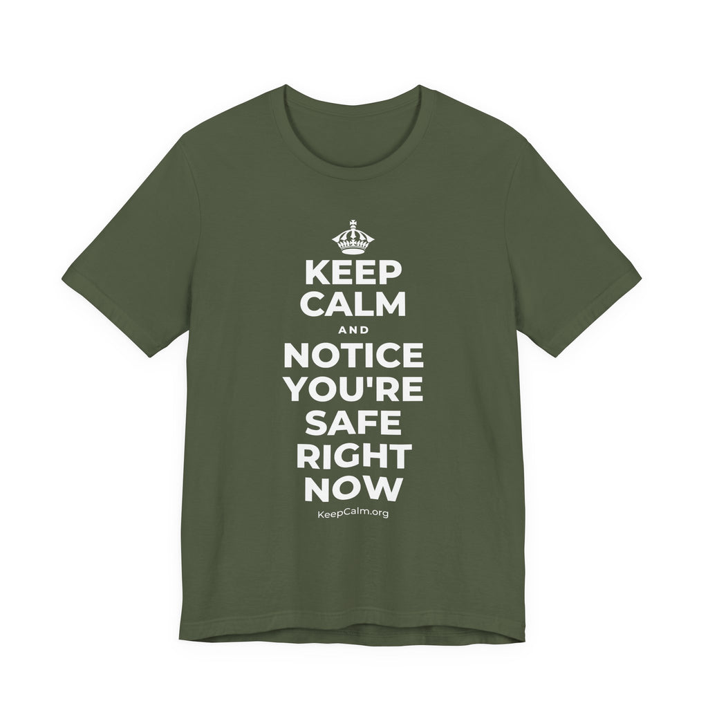 KEEP CALM AND NOTICE YOU'RE SAFE RIGHT NOW T-Shirt (Military Green–Autumn)