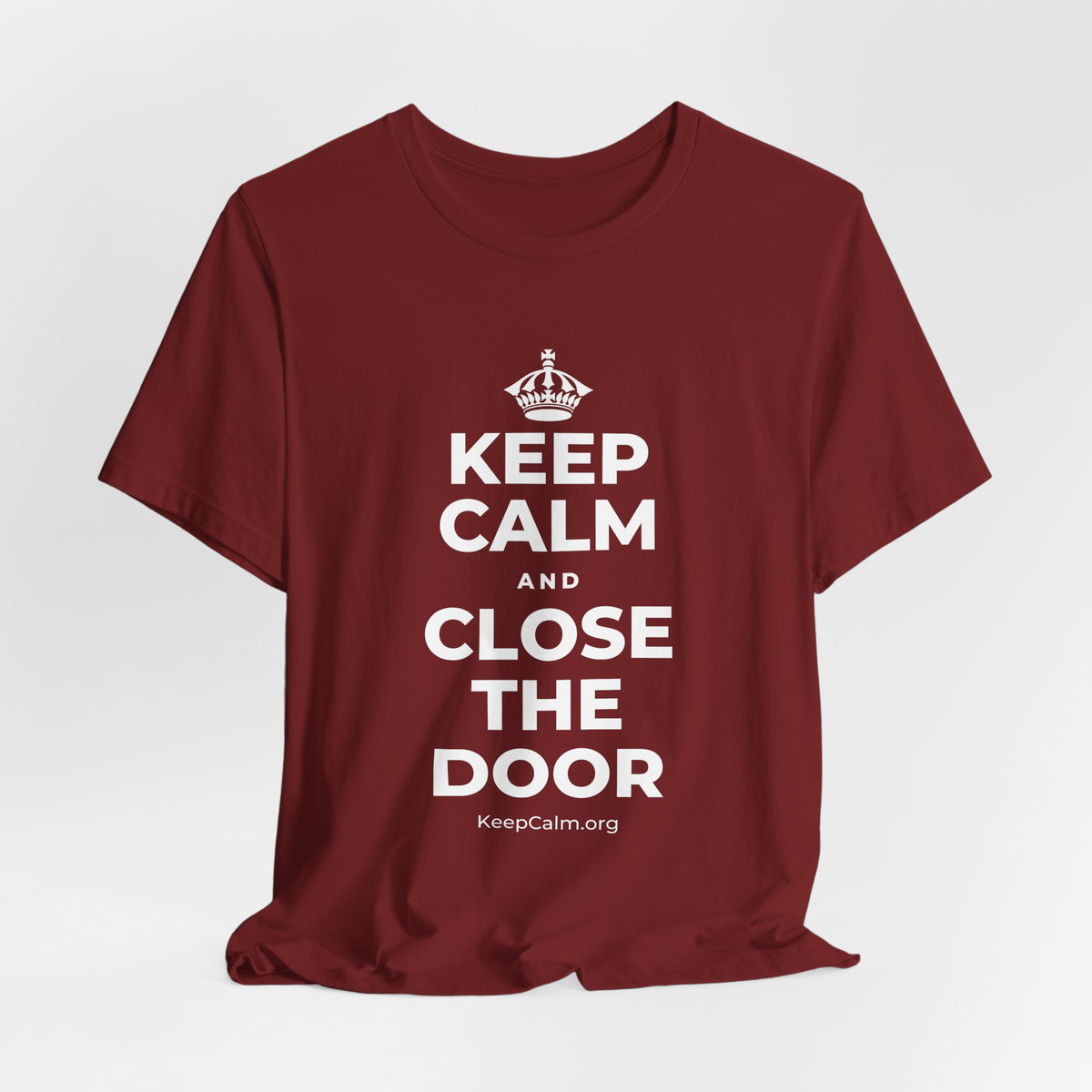 KEEP CALM AND CLOSE THE DOOR T-Shirt (Baby Blue–Silver)