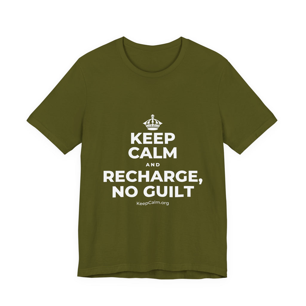 KEEP CALM AND RECHARGE, NO GUILT T-Shirt (Baby Blue–Silver)