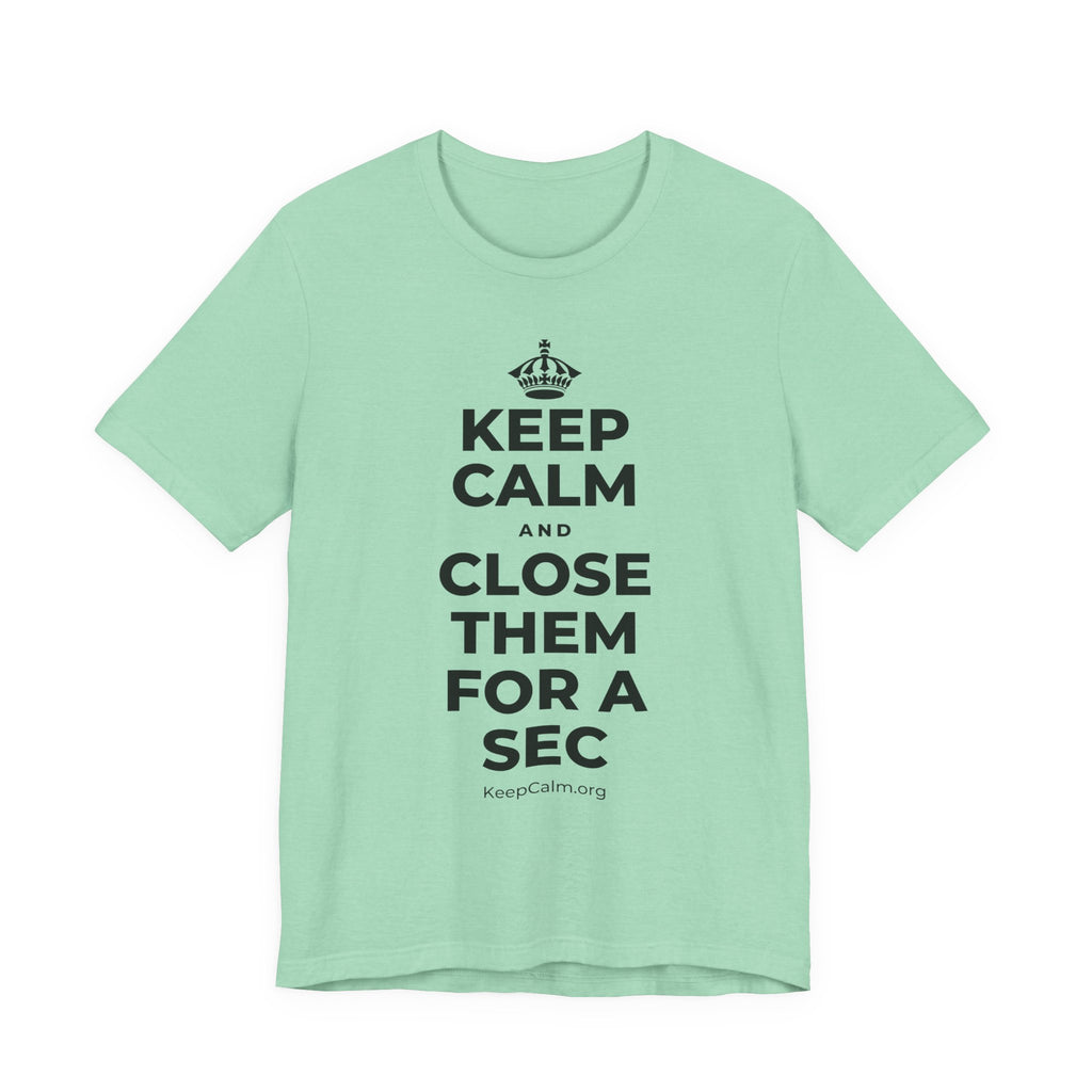 KEEP CALM AND CLOSE THEM FOR A SEC T-Shirt (Baby Blue–Silver)