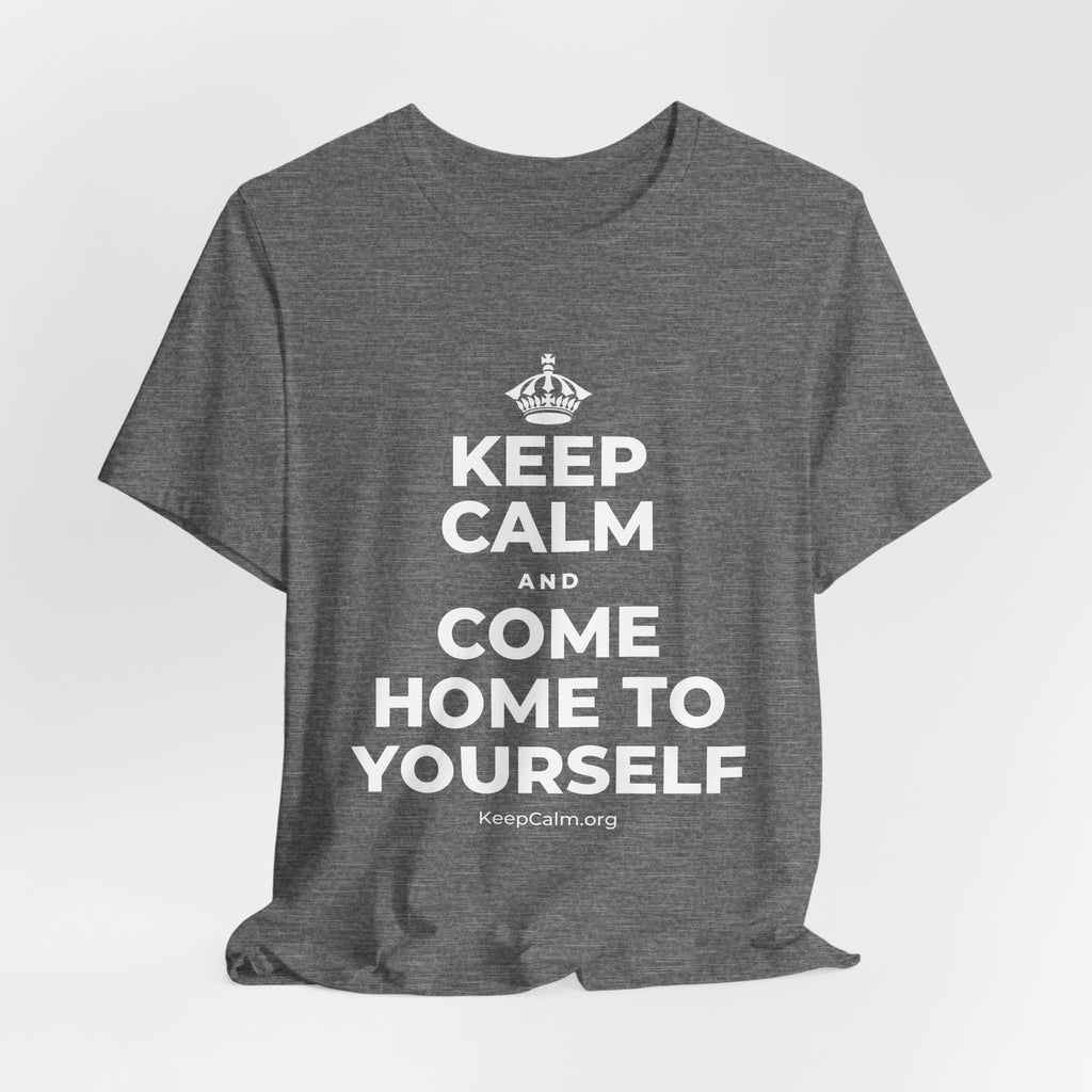 KEEP CALM AND COME HOME TO YOURSELF T-Shirt (Baby Blue–Silver)