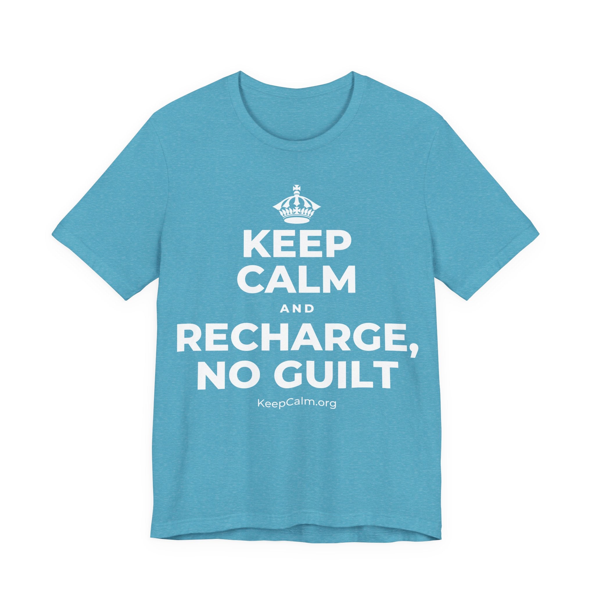 KEEP CALM AND RECHARGE, NO GUILT T-Shirt (Soft Cream–Heather Mauve)
