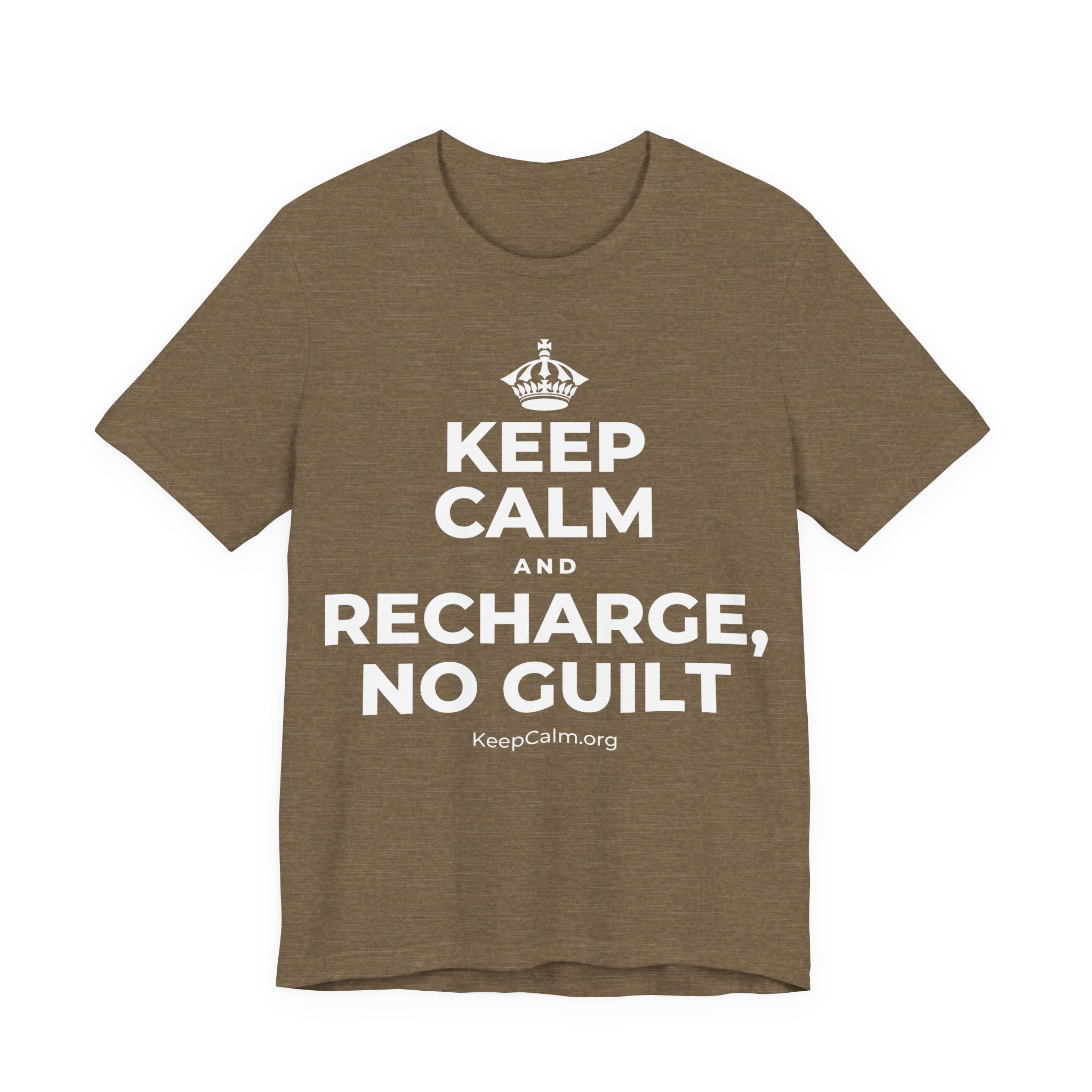 KEEP CALM AND RECHARGE, NO GUILT T-Shirt (Soft Cream–Heather Mauve)