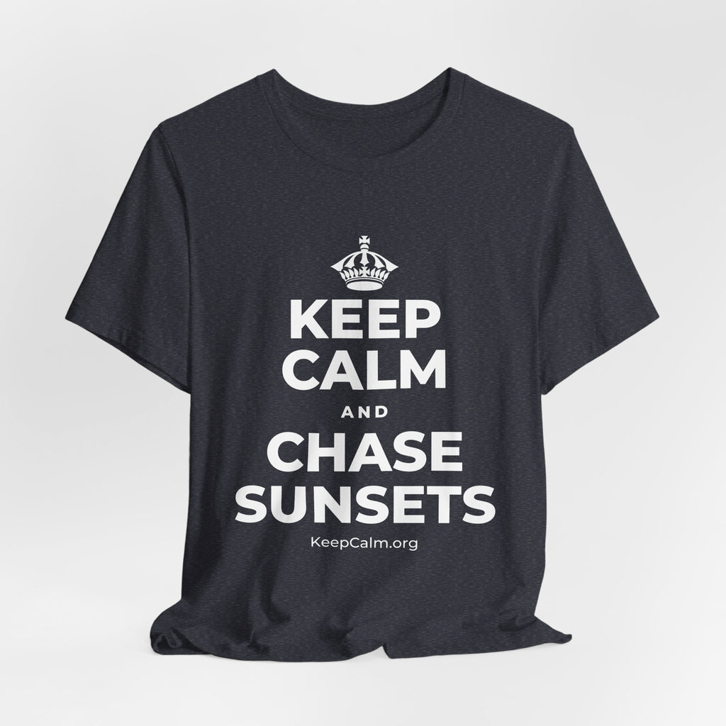 KEEP CALM AND CHASE SUNSETS T-Shirt (White–Asphalt)