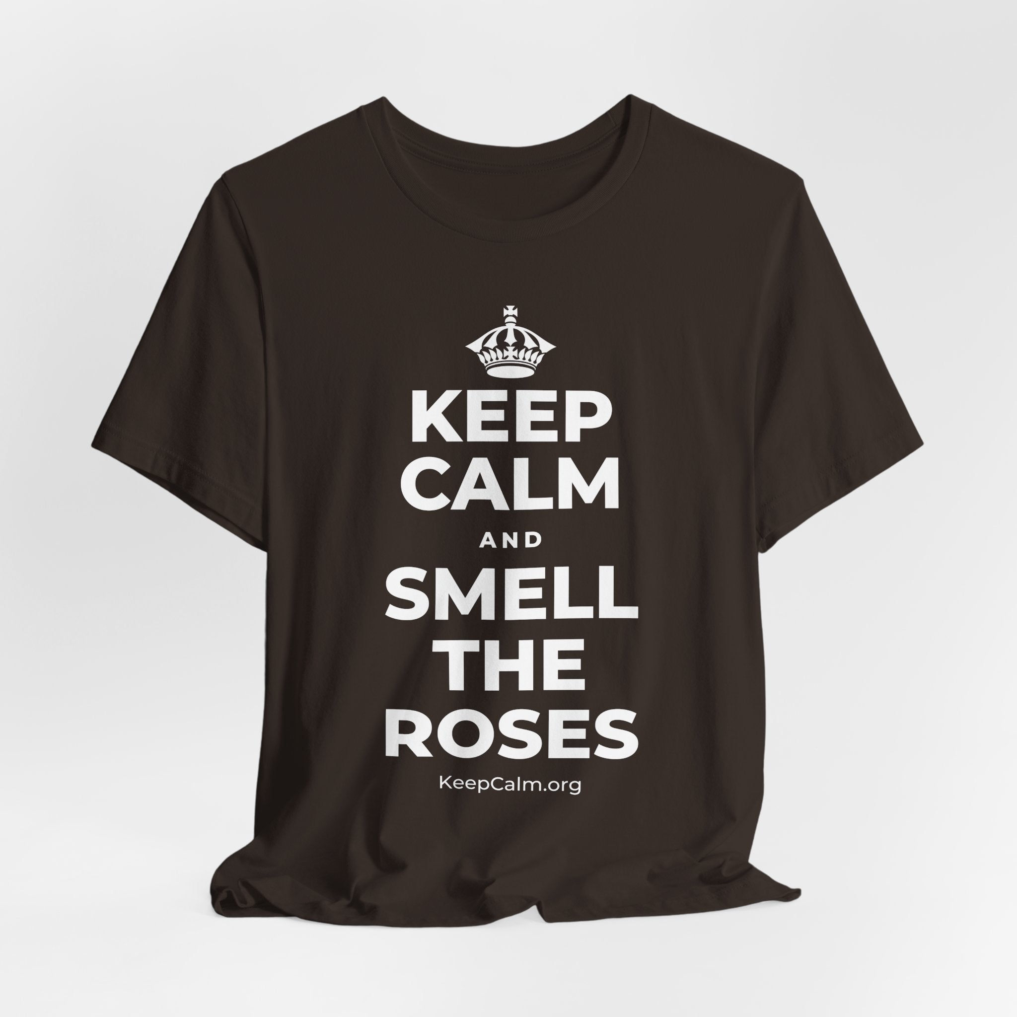 KEEP CALM AND SMELL THE ROSES T-Shirt (Soft Cream–Heather Mauve)