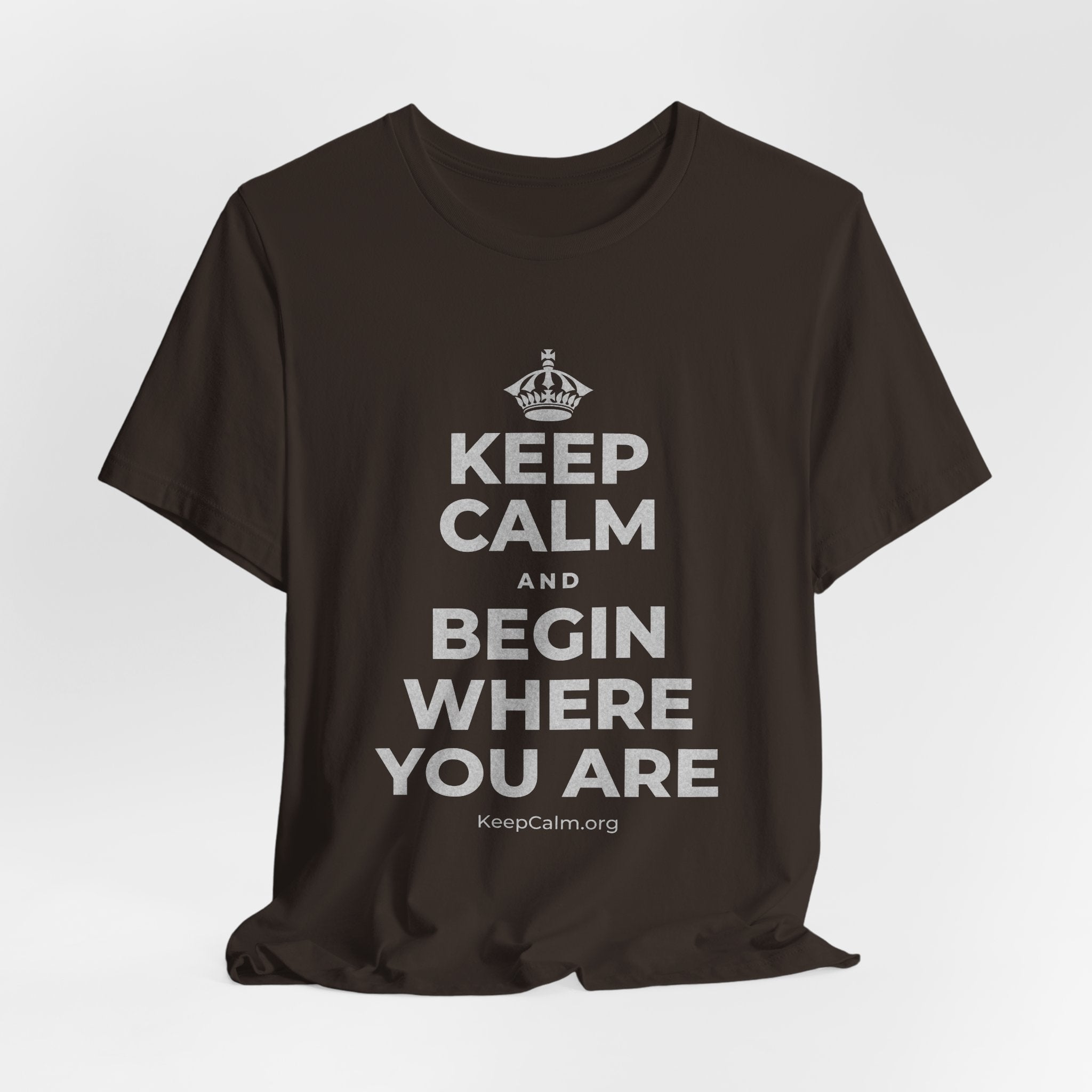 KEEP CALM AND BEGIN WHERE YOU ARE T-Shirt (Soft Cream–Heather Mauve)