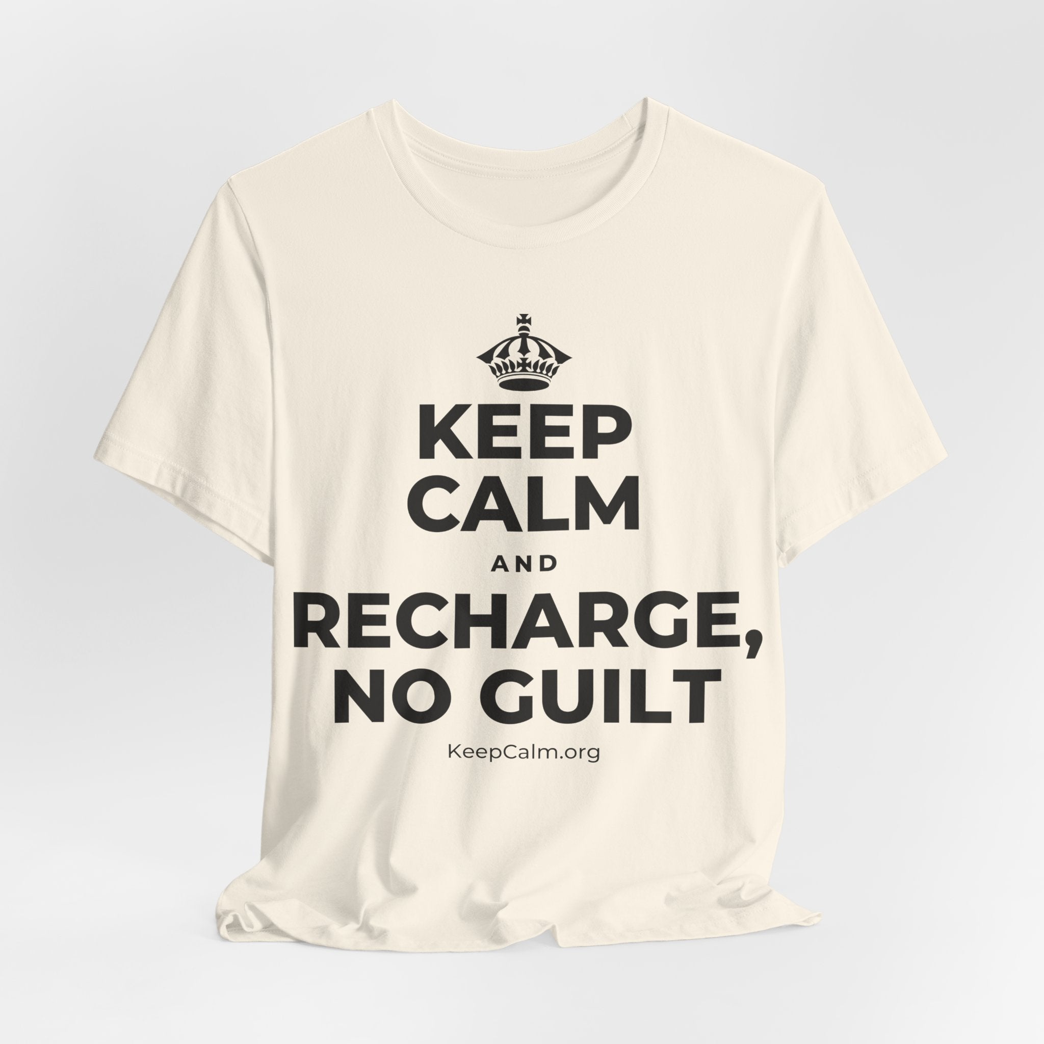 KEEP CALM AND RECHARGE, NO GUILT T-Shirt (White–Asphalt)