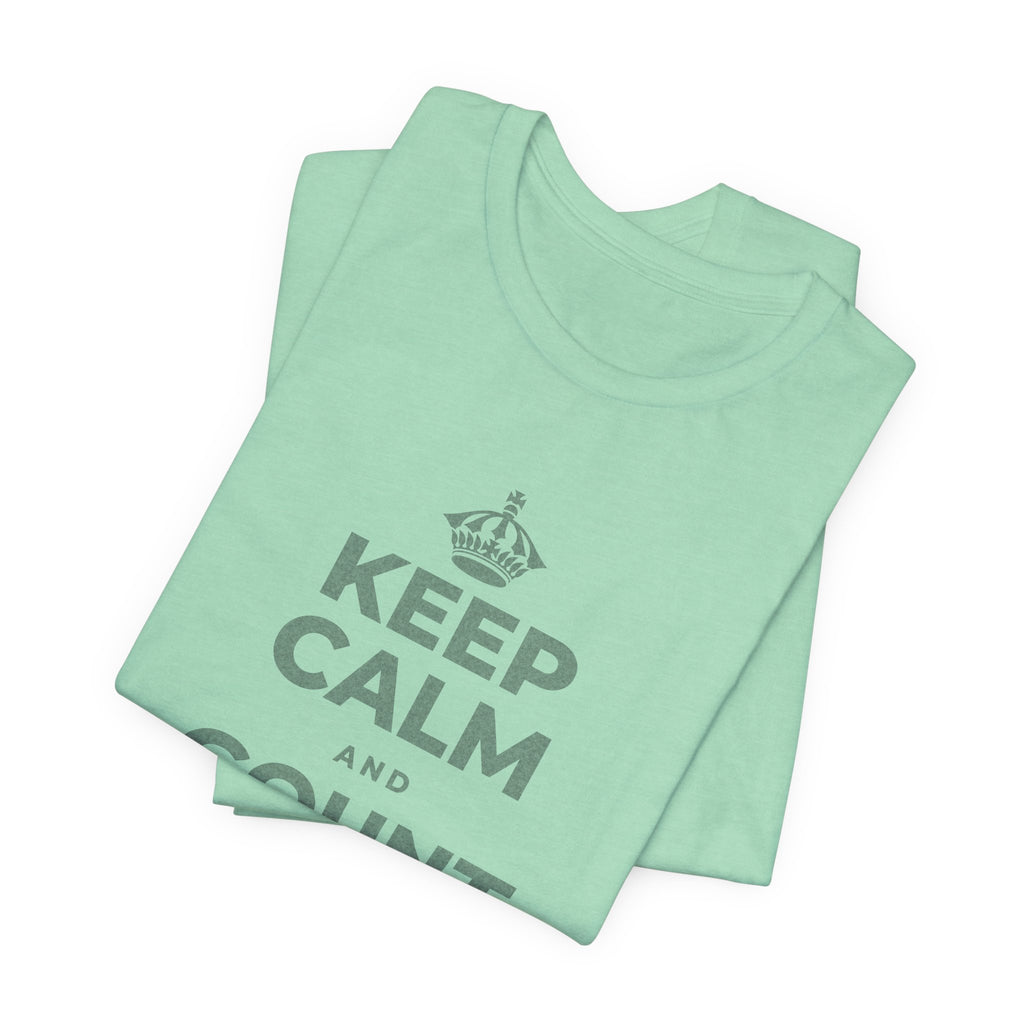 KEEP CALM AND COUNT WHAT YOU HAVE T-Shirt (Baby Blue–Silver)