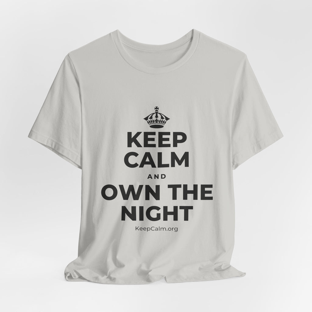 KEEP CALM AND OWN THE NIGHT T-Shirt (Baby Blue–Silver)