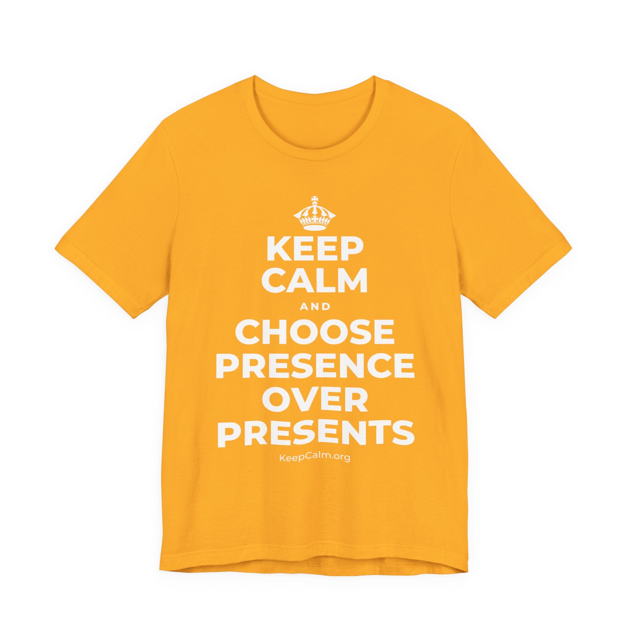 KEEP CALM AND CHOOSE PRESENCE OVER PRESENTS T-Shirt (Baby Blue–Silver)