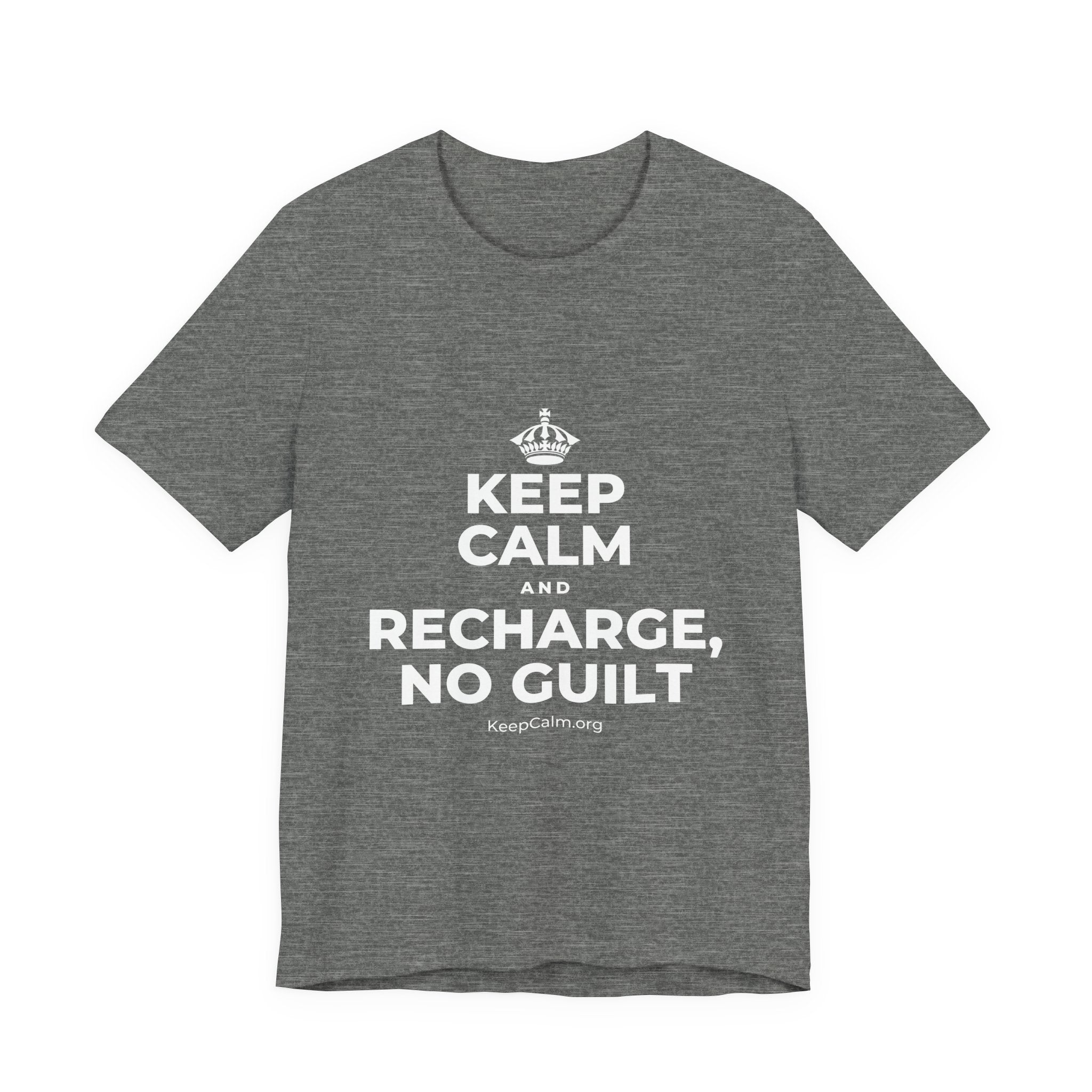 KEEP CALM AND RECHARGE, NO GUILT T-Shirt (Baby Blue–Silver)