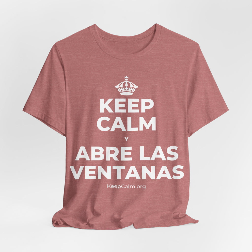 KEEP CALM Y ABRE LAS VENTANAS T-Shirt (Soft Cream–Heather Mauve)