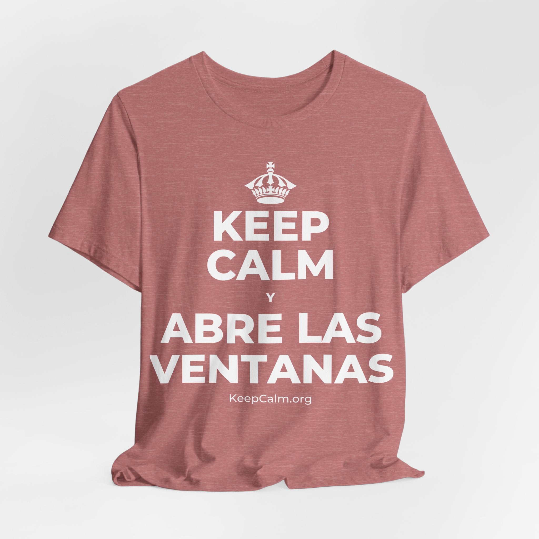 KEEP CALM Y ABRE LAS VENTANAS T-Shirt (Soft Cream–Heather Mauve)