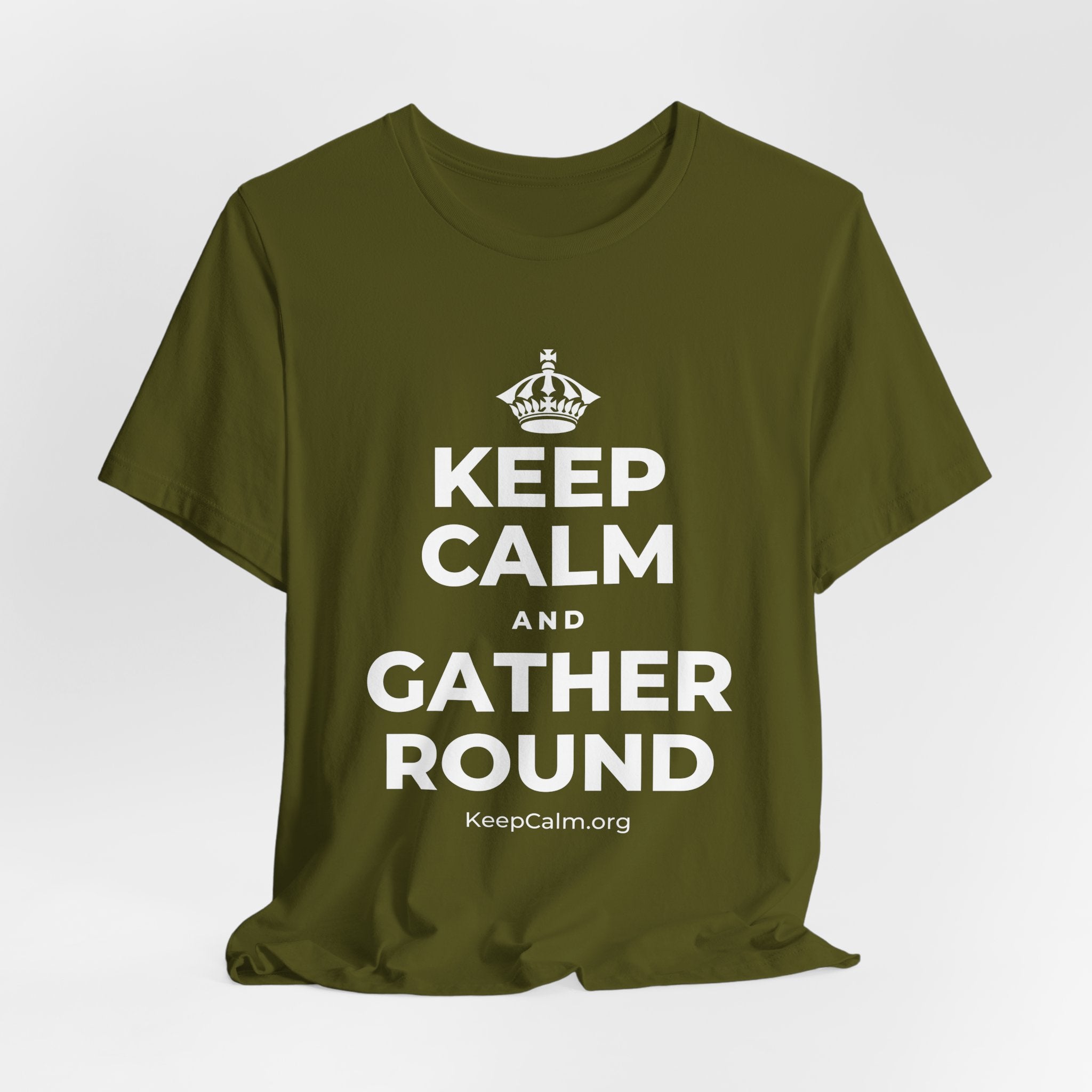 KEEP CALM AND GATHER ROUND T-Shirt (Baby Blue–Silver)