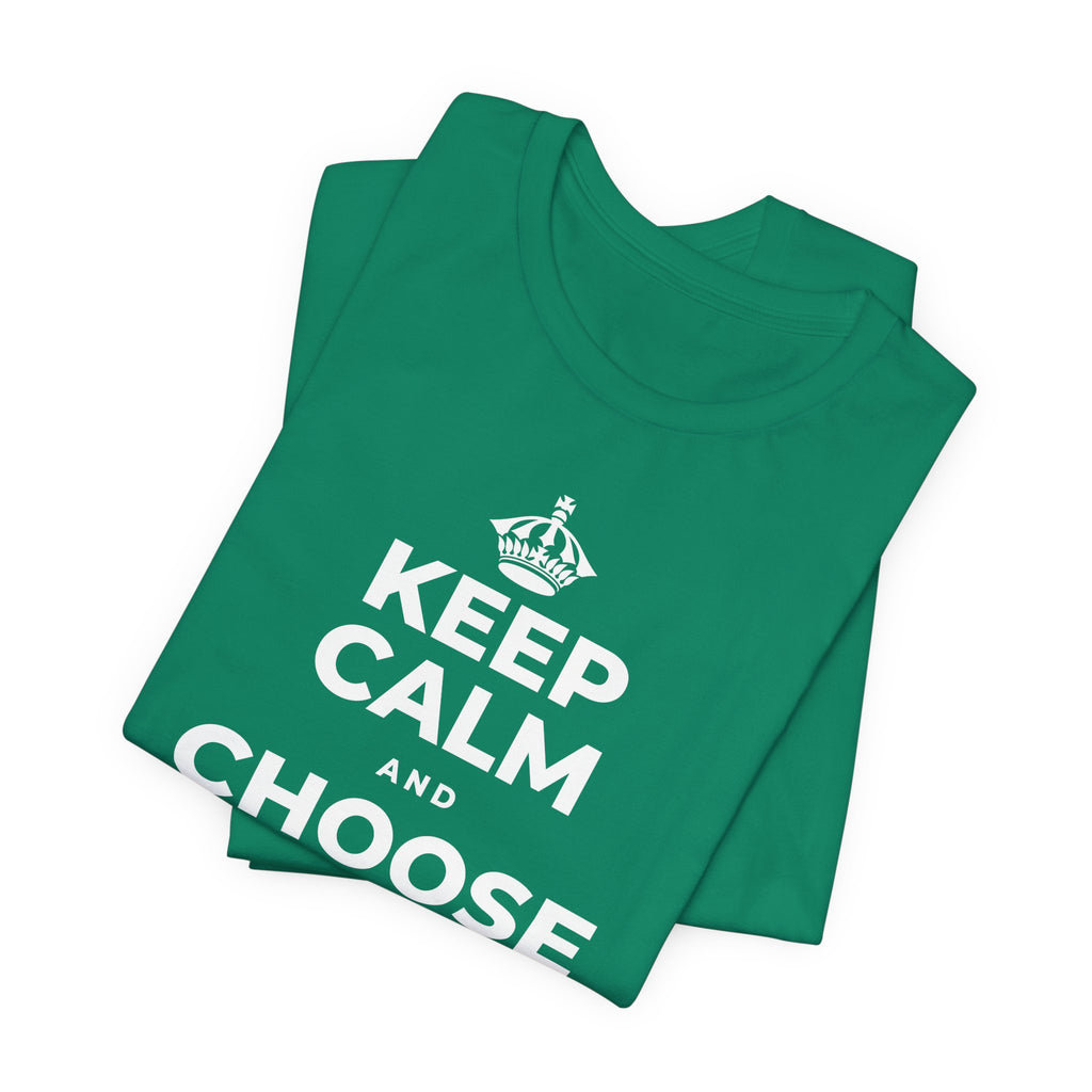KEEP CALM AND CHOOSE PRESENCE OVER PRESENTS T-Shirt (White–Asphalt)