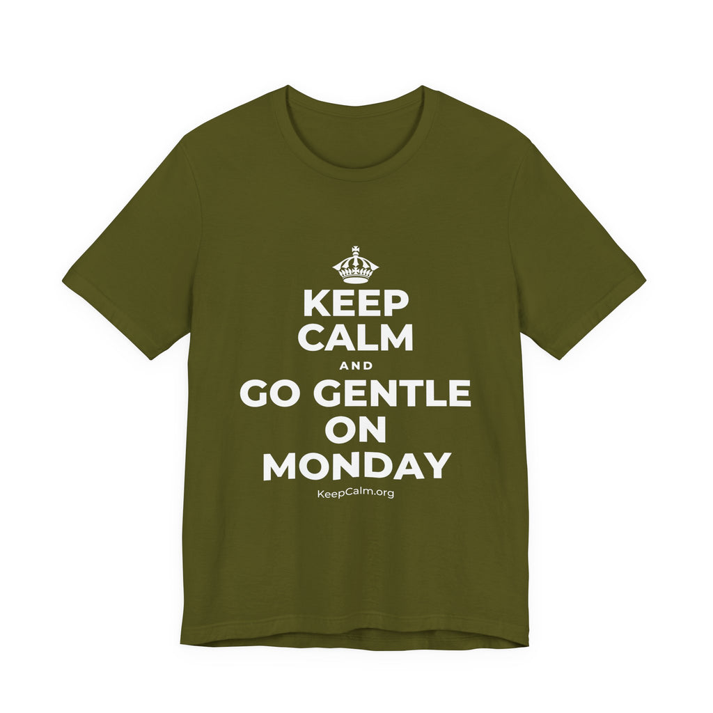 KEEP CALM AND GO GENTLE ON MONDAY T-Shirt (Baby Blue–Silver)