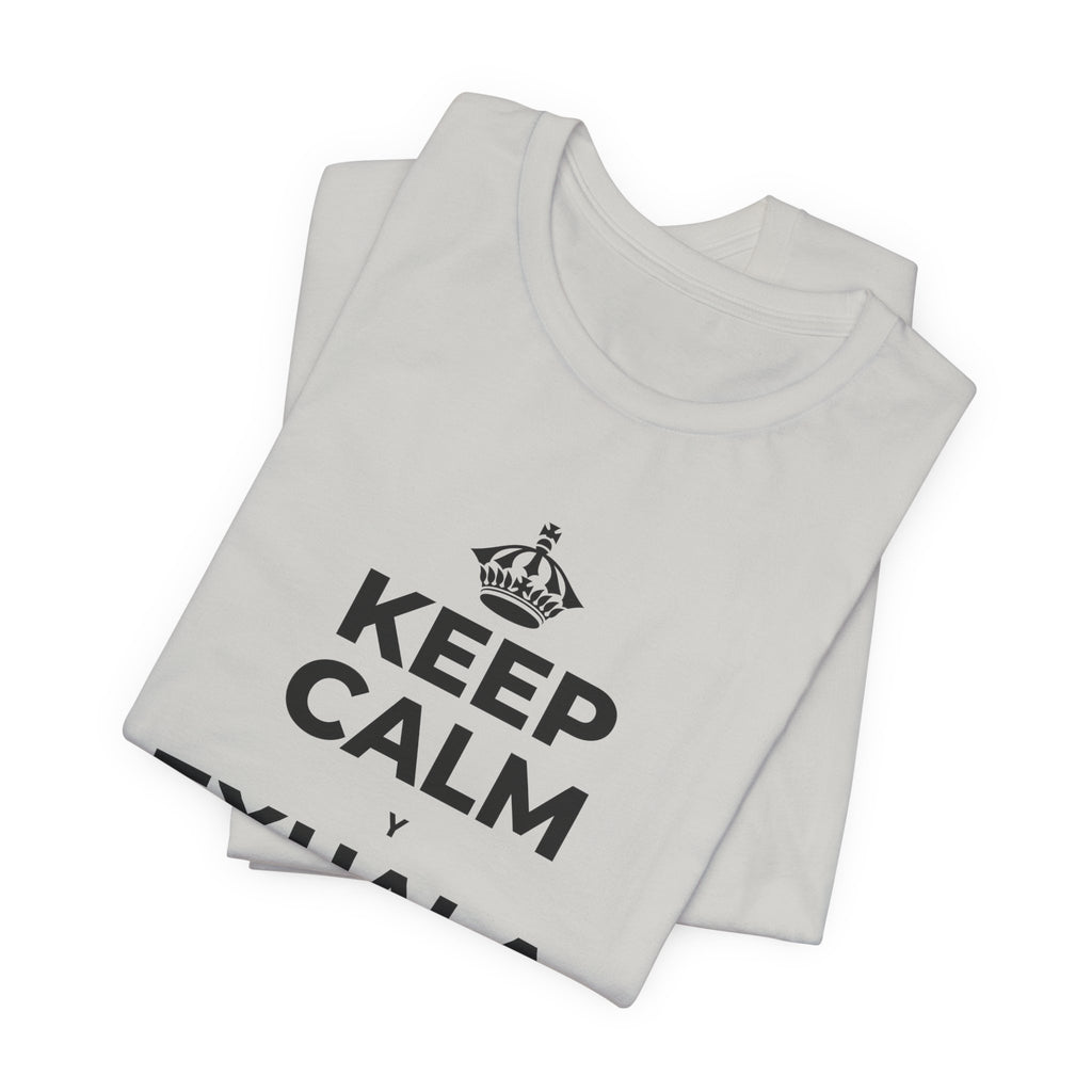 KEEP CALM Y EXHALA, ES VIERNES T-Shirt (Baby Blue–Silver)