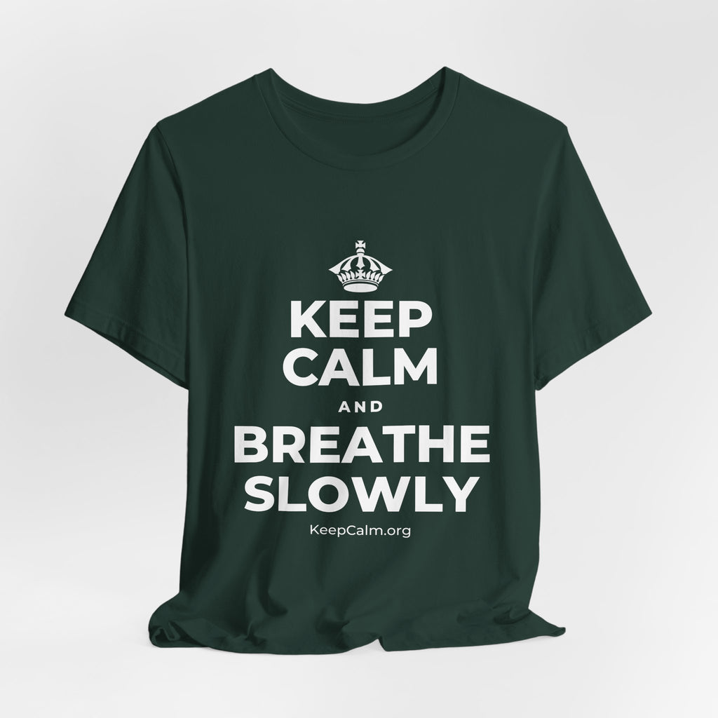 KEEP CALM AND BREATHE SLOWLY T-Shirt (White–Asphalt)