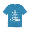 KEEP CALM AND STEP OUTSIDE T-Shirt (White–Asphalt)