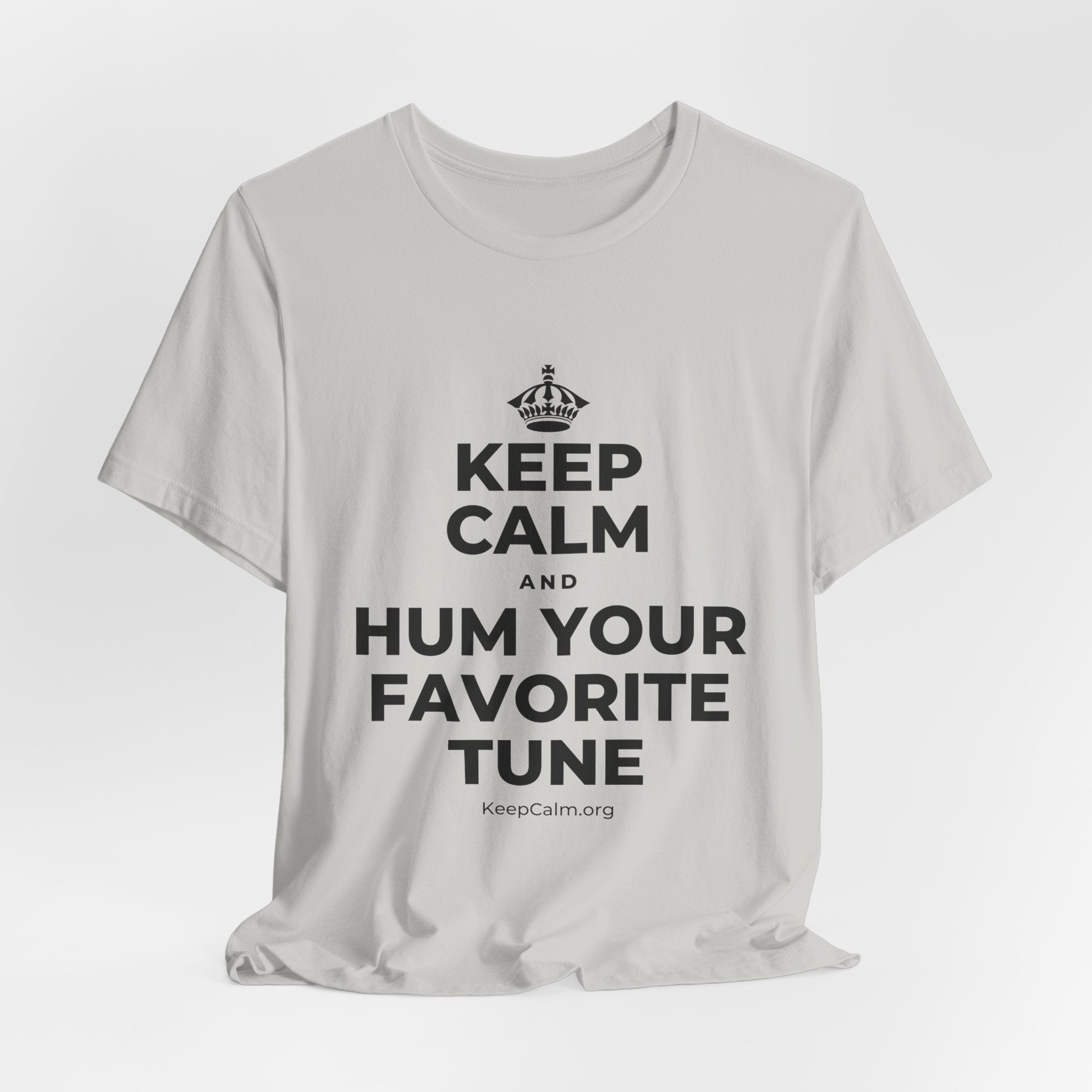 KEEP CALM AND HUM YOUR FAVORITE TUNE T-Shirt (Baby Blue–Silver)