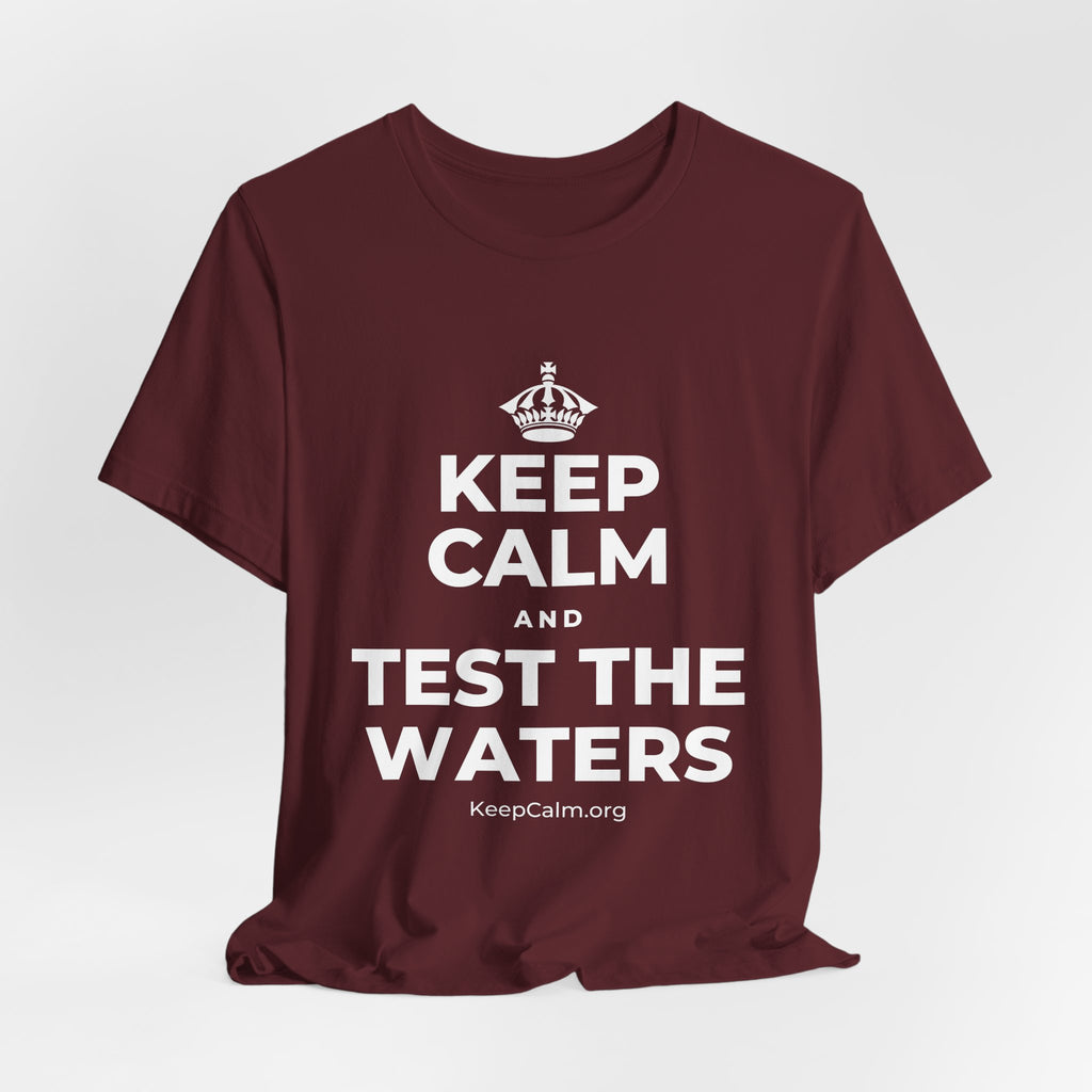 KEEP CALM AND TEST THE WATERS T-Shirt (Baby Blue–Silver)