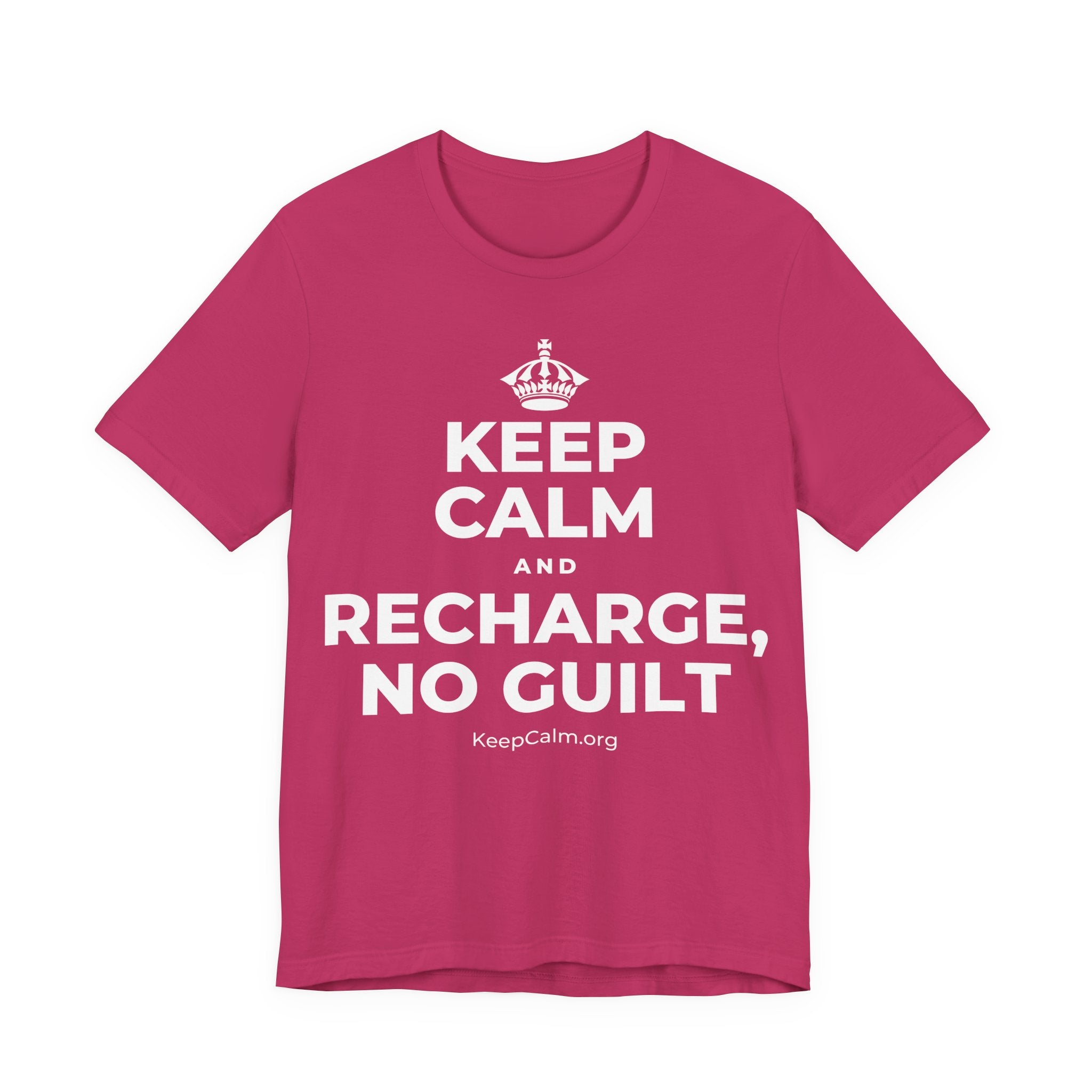 KEEP CALM AND RECHARGE, NO GUILT T-Shirt (Baby Blue–Silver)