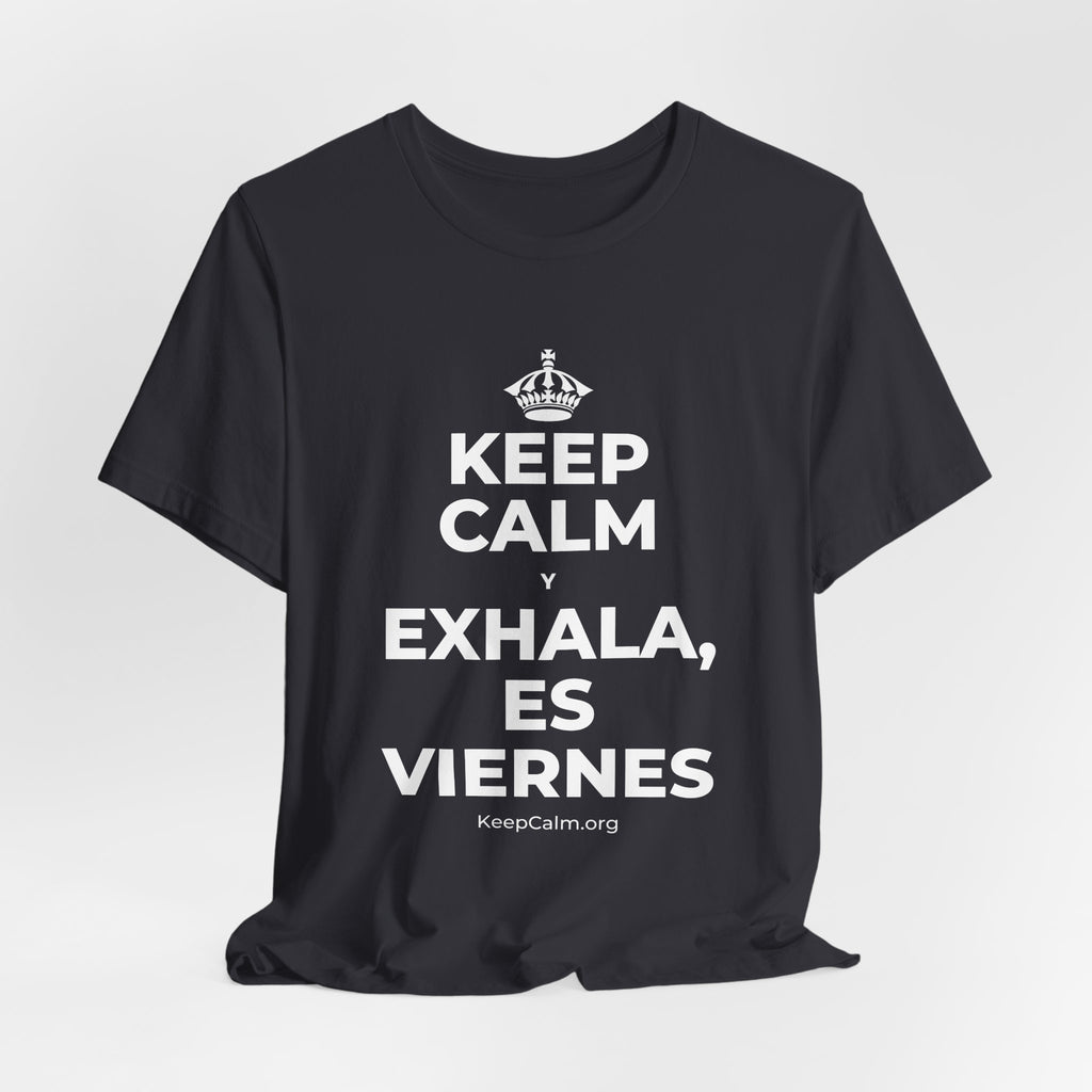 KEEP CALM Y EXHALA, ES VIERNES T-Shirt (Baby Blue–Silver)