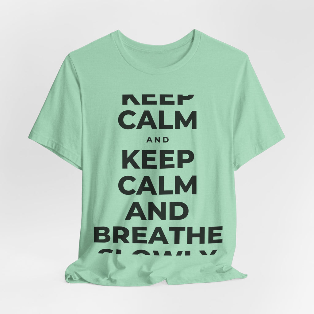 KEEP CALM AND BREATHE SLOWLY T-Shirt (Baby Blue–Silver)
